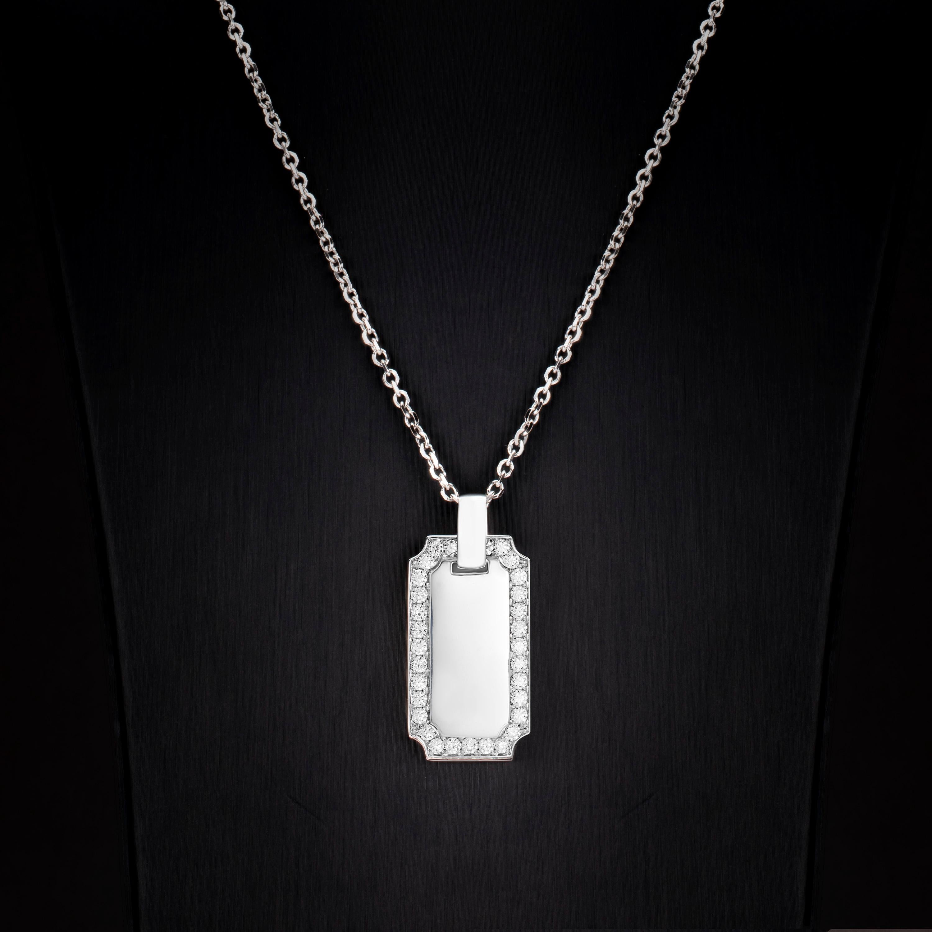 Round Cut 1.34 Carat Diamond 18 Karat Solid White Gold I.D. Tag Pendant Necklace For Sale