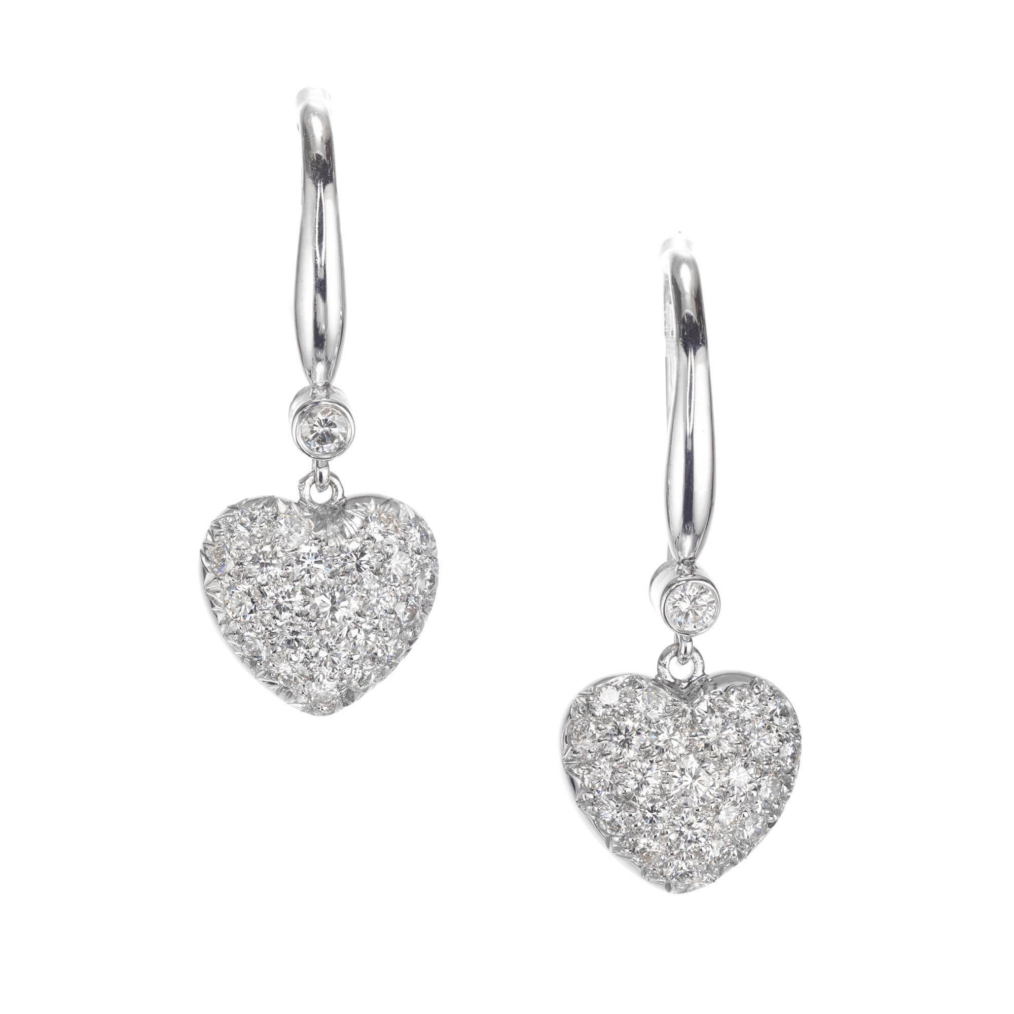 1.34 Carat Diamond Heart White Gold Dangle Earrings For Sale