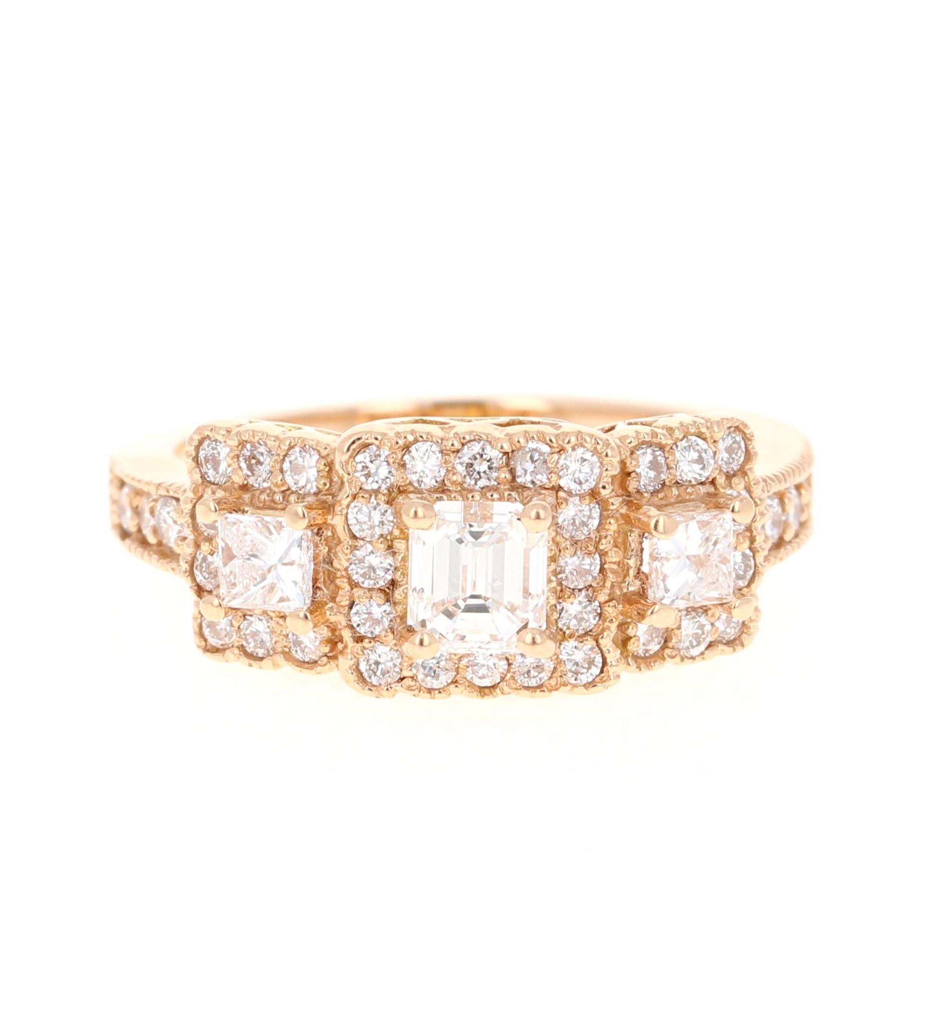 A beautiful 3-stone Diamond ring set in Rose Gold.

The center diamond is a Radiant Cut Diamond and weighs 0.53 carats. The clarity and color of the center diamond is VS-F. Adjacent to the center diamond are 2 Princess Cut Diamonds weighing 0.29