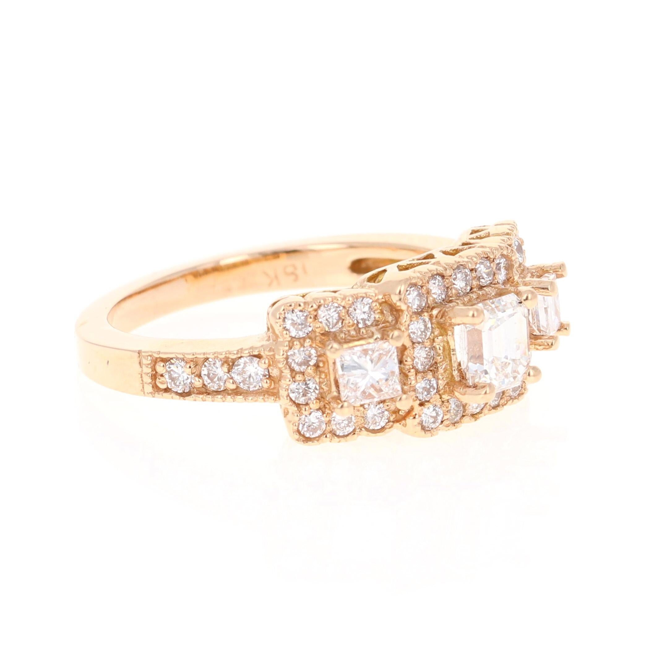 Modern 1.34 Carat Diamond Three-Stone 18 Karat Rose Gold Ring
