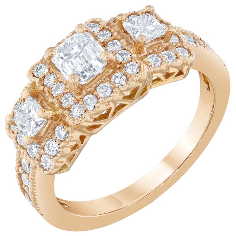 1.34 Carat Diamond Three-Stone 18 Karat Rose Gold Ring