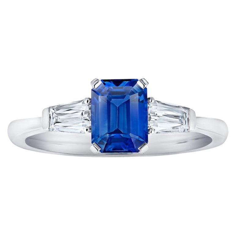 1.34 Carat Emerald Cut Blue Sapphire and Diamond Platinum Ring at 1stDibs