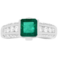 1.34 Carat Emerald Cut Natural Emerald and 0.61 Carat White Diamond Ring