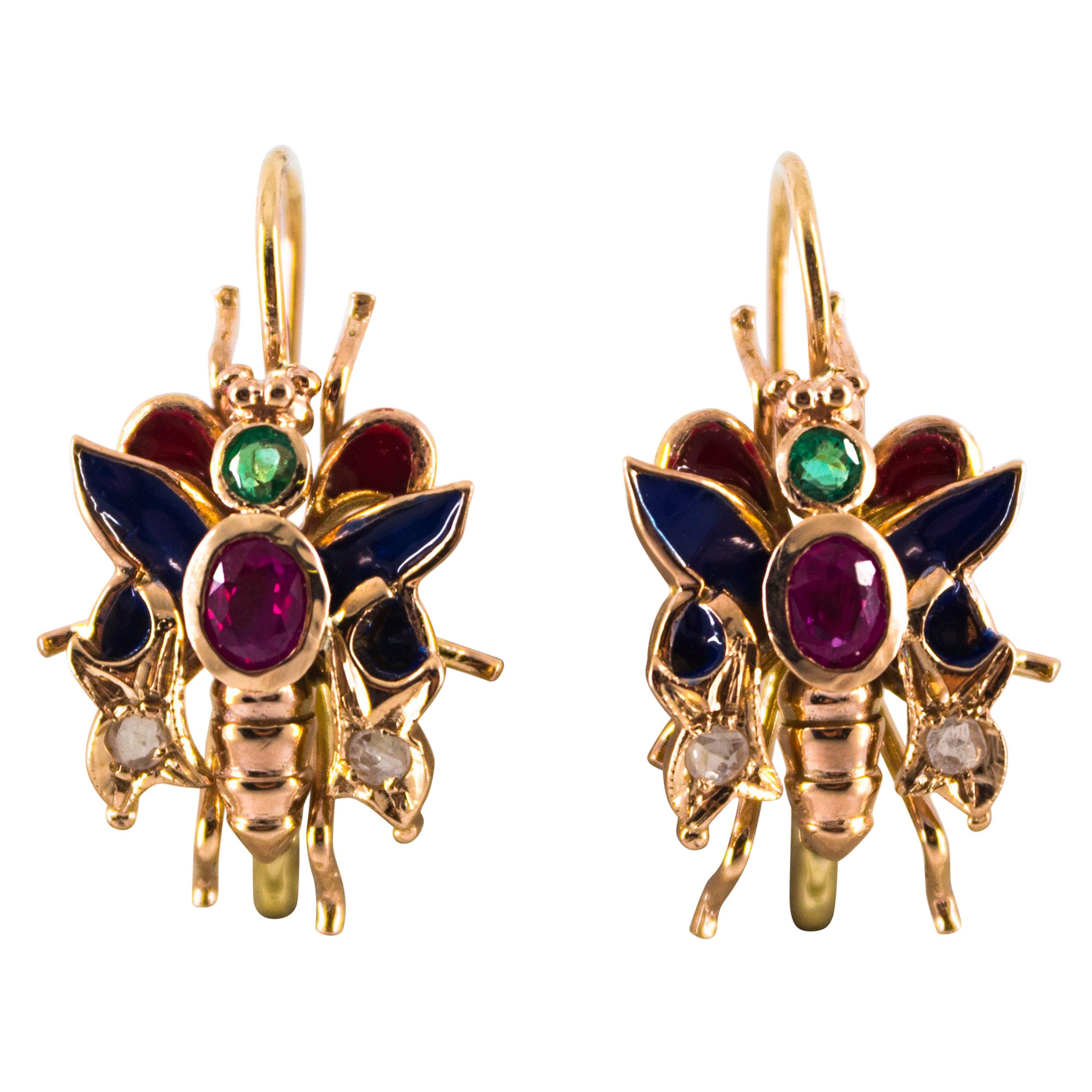 1.34 Carat Emerald Ruby White Diamond Yellow Gold Lever Back Butterfly Earrings For Sale