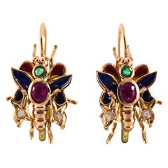 1.34 Carat Emerald Ruby White Diamond Yellow Gold Lever Back Butterfly Earrings