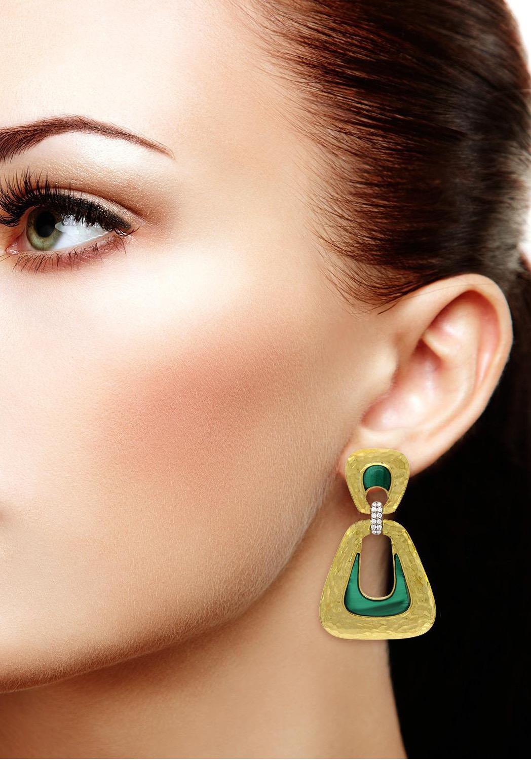 These stunning Door Knocker earrings are handmade in 14 karat gold. It is set in 13.4 carats Malachite and .30 carats of glittering diamonds. 

FOLLOW  MEGHNA JEWELS storefront to view the latest collection & exclusive pieces.  Meghna Jewels is
