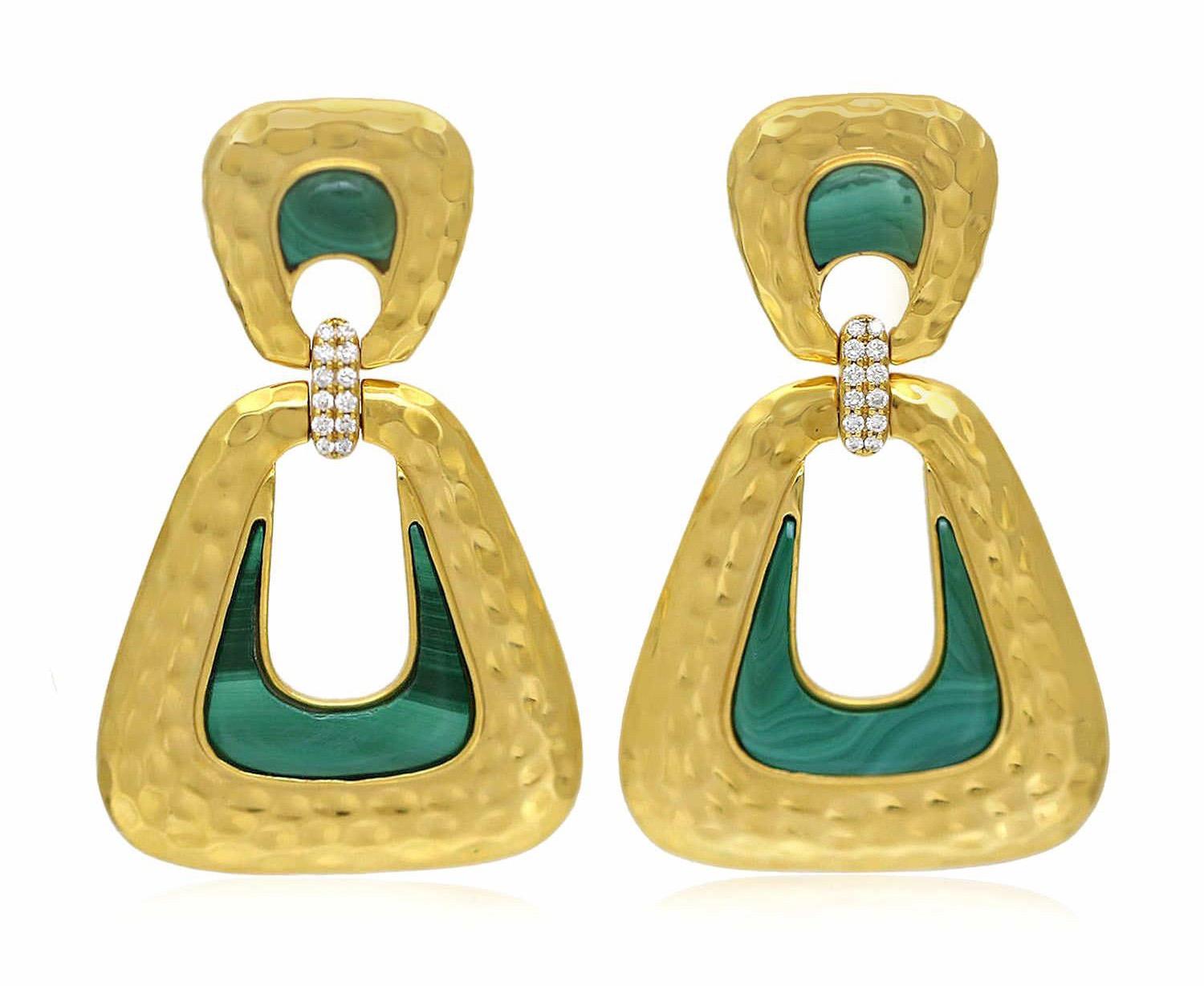 Mixed Cut 13.4 Carat Malachite Diamond 14 Karat Gold Door Knocker Earrings For Sale