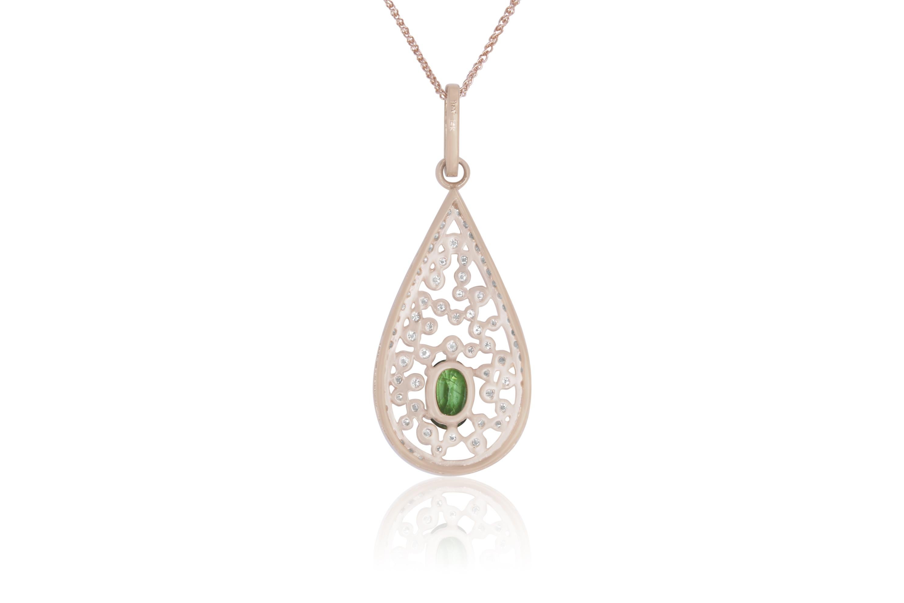 This stunning Teardrop pendant features an Oval Color Changing Alexandrite stone accompanied by 1.08 Carats of dazzling white diamonds

Material: 14k Rose Gold 
Center Stone Details: 1.34 Carat Natural Color Changing Alexandrite 
Mounting Diamond