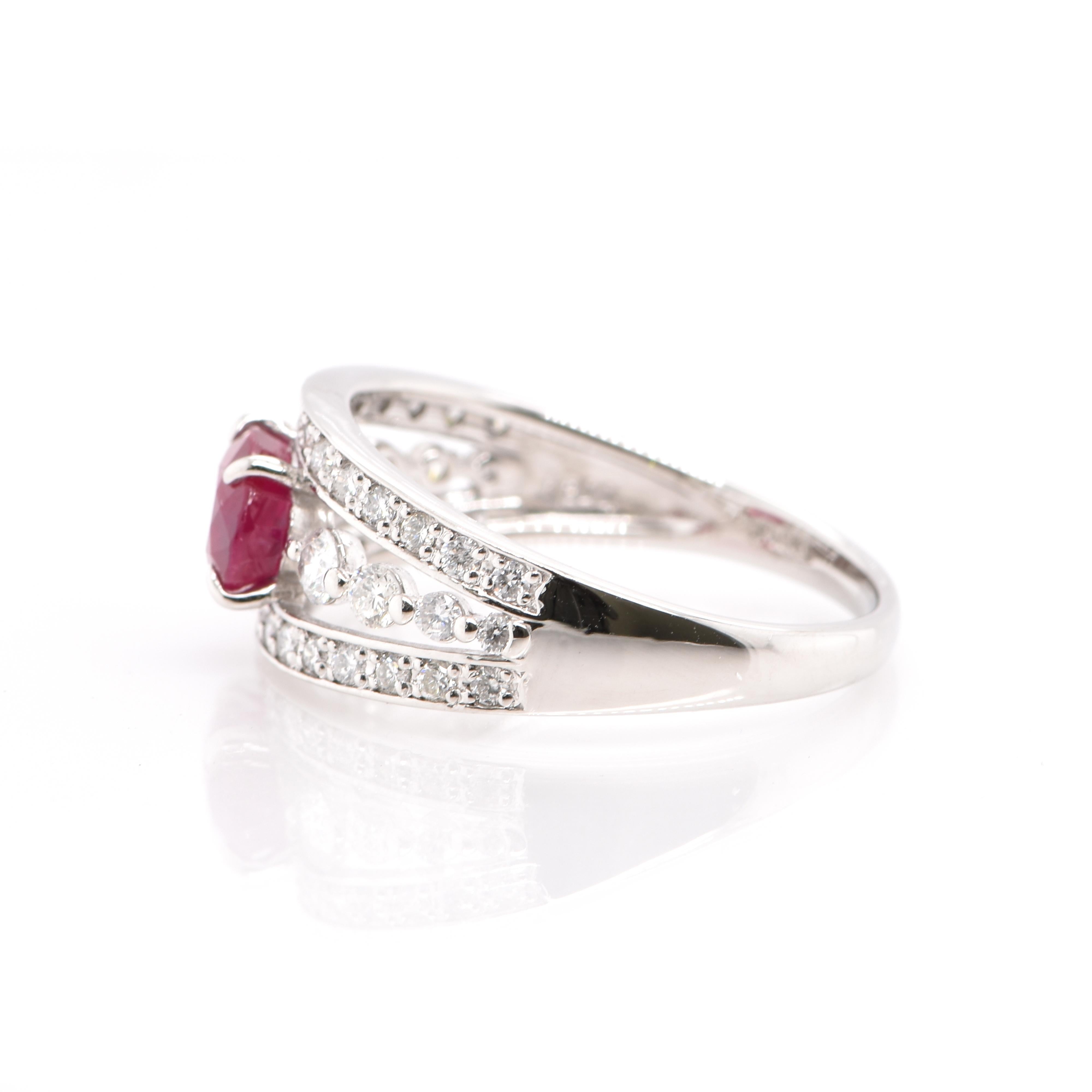 Oval Cut 1.34 Carat, Natural Ruby and Diamond Ring Set in Platinum