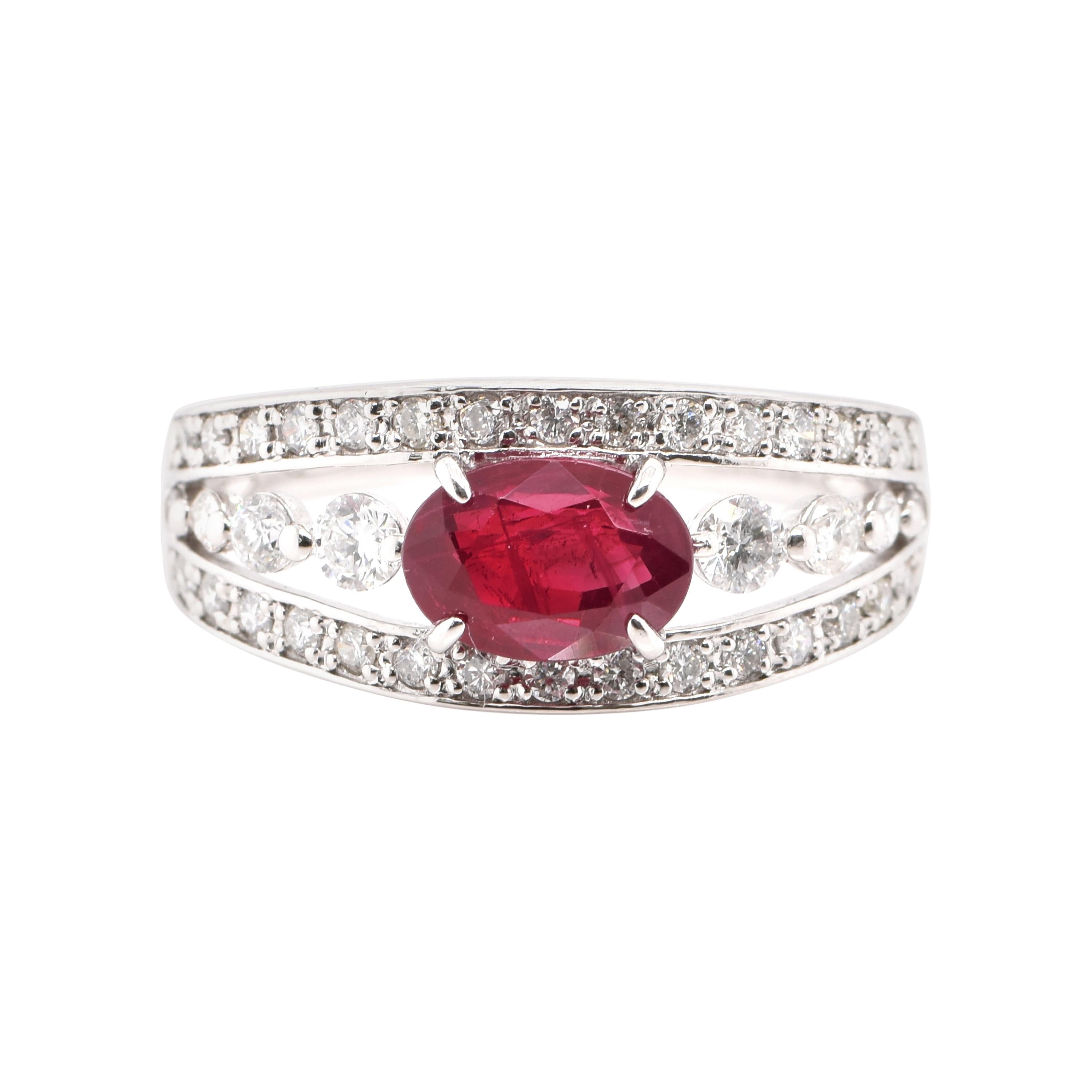 1.34 Carat, Natural Ruby and Diamond Ring Set in Platinum