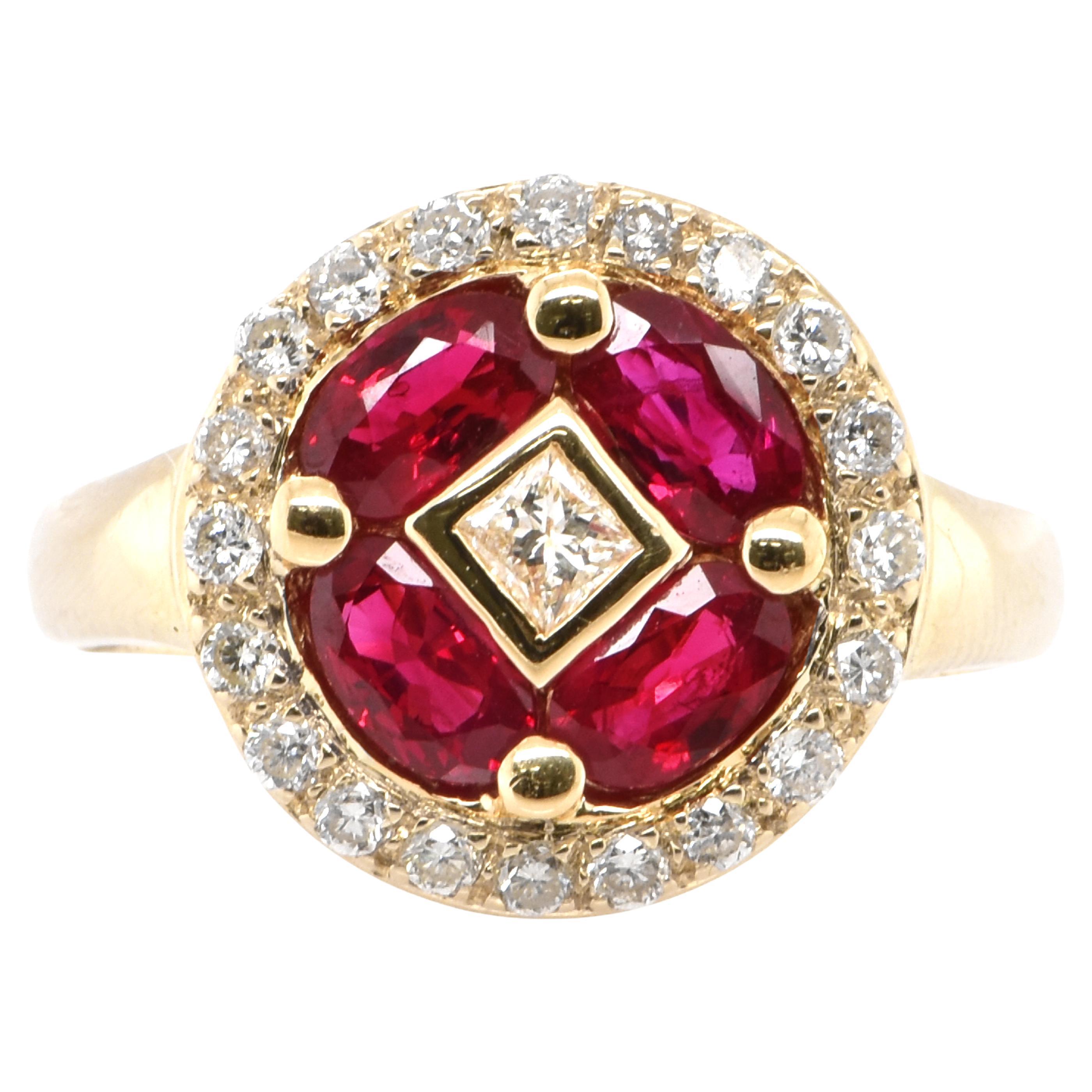 1.34 Carat Natural Vivid Red Ruby and Diamond Cluster Ring set in 18K Gold For Sale