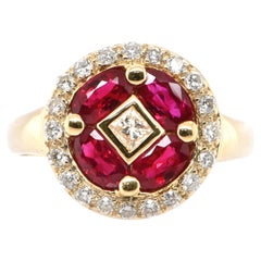 1.34 Carat Natural Vivid Red Ruby and Diamond Cluster Ring set in 18K Gold