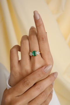 Natural May Birthstone Emerald Diamond 14k Yellow Gold Wedding Ring for Her