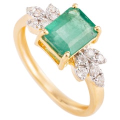 Natural May Birthstone Emerald Diamond 14k Yellow Gold Wedding Ring for Her