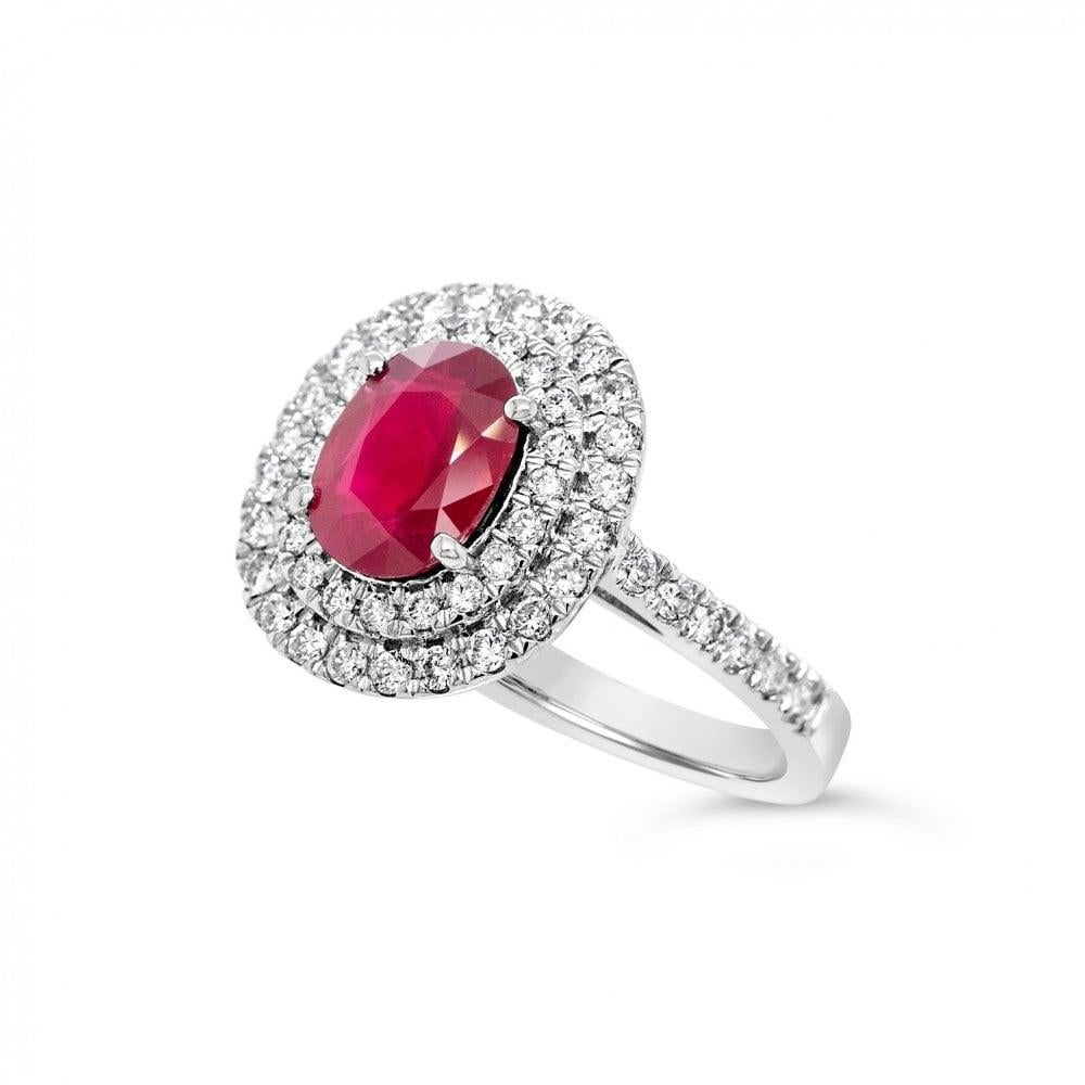 Oval Cut 1.34 Carat Certified No Heat Oval Ruby & 0.54ct Diamond 18 Karat White Gold Ring For Sale