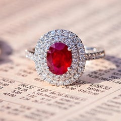 1.34 Carat Certified No Heat Oval Ruby & 0.54ct Diamond 18 Karat White Gold Ring