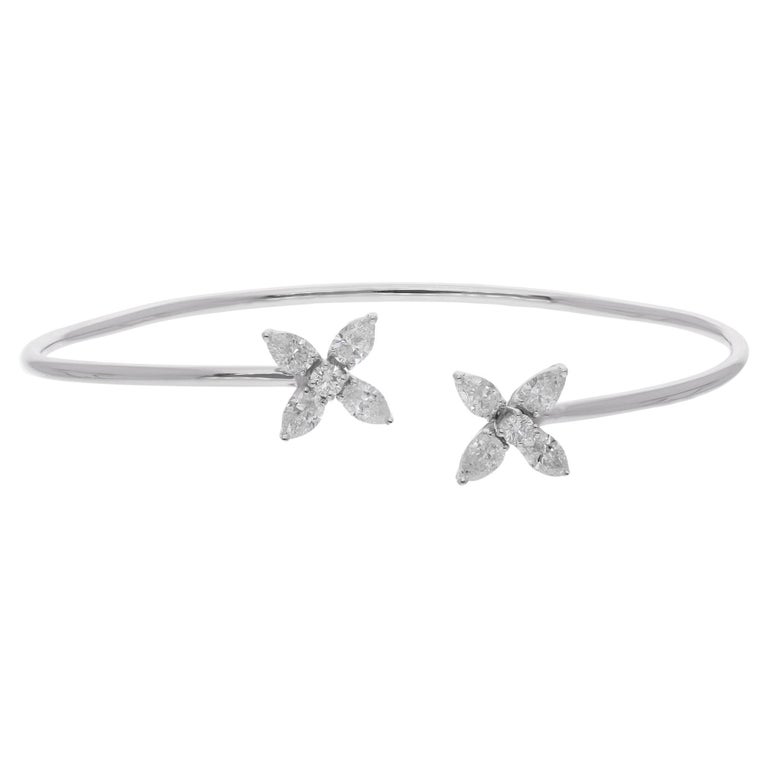 1.34 Carat Pear Diamond Flower Cuff Ring 18 Karat White Gold Handmade