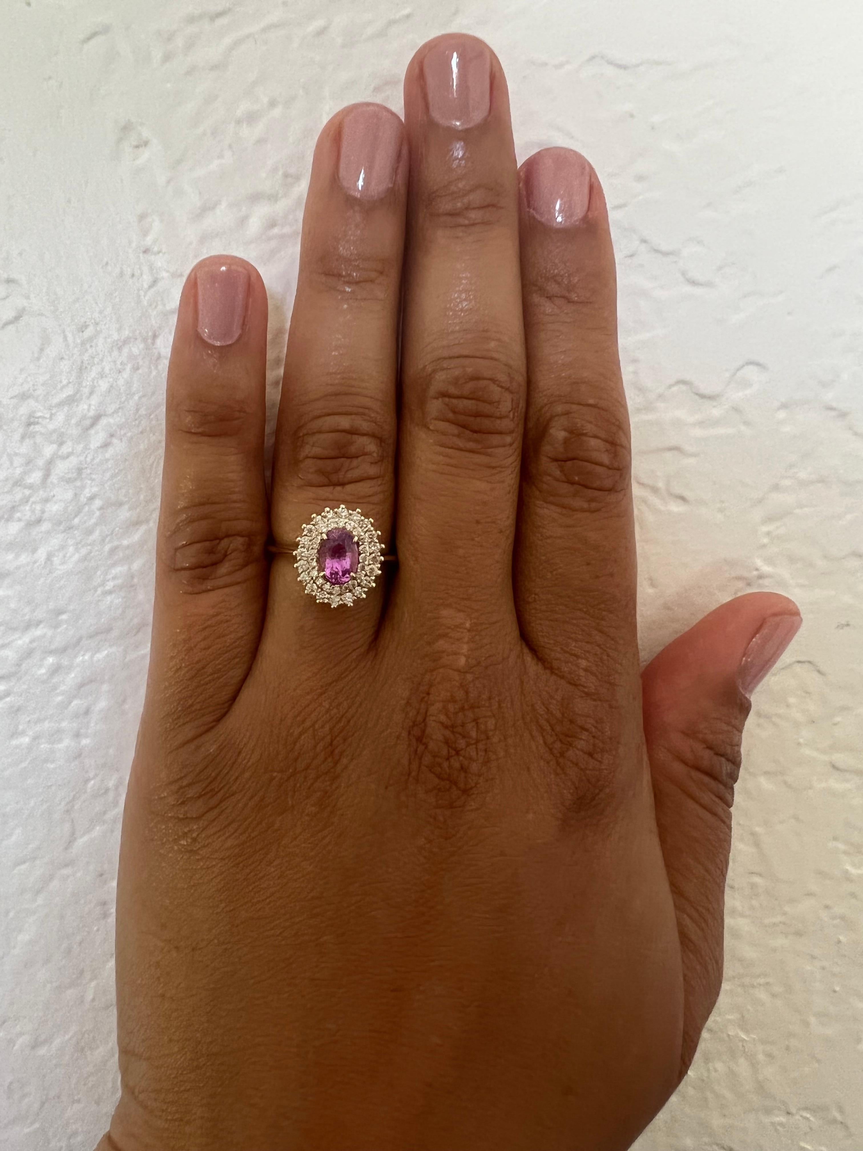1.34 Carat Pink Sapphire Diamond 14 Karat Yellow Gold Engagement Ring For Sale 1