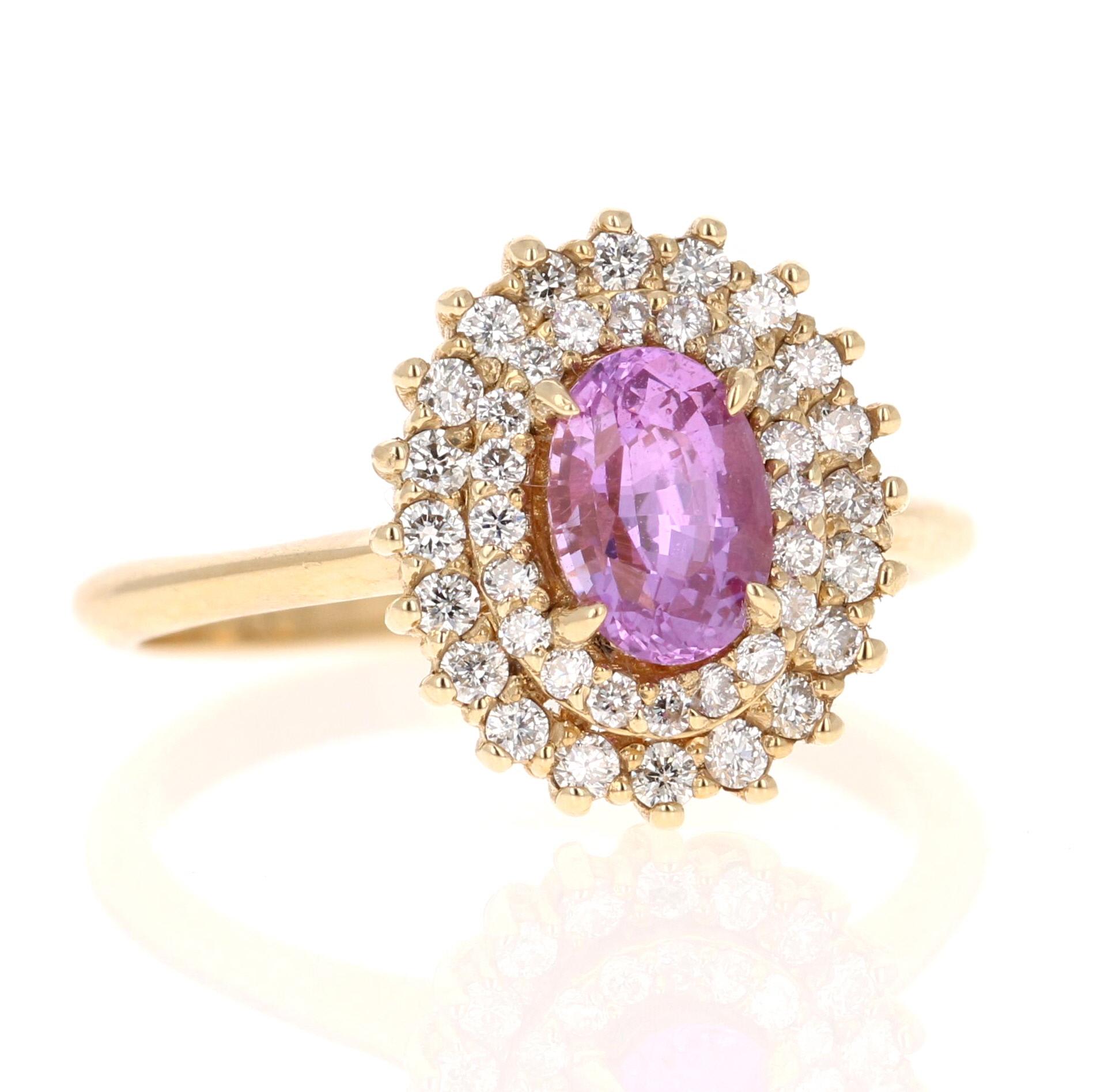 Contemporary 1.34 Carat Pink Sapphire Diamond 14 Karat Yellow Gold Engagement Ring For Sale
