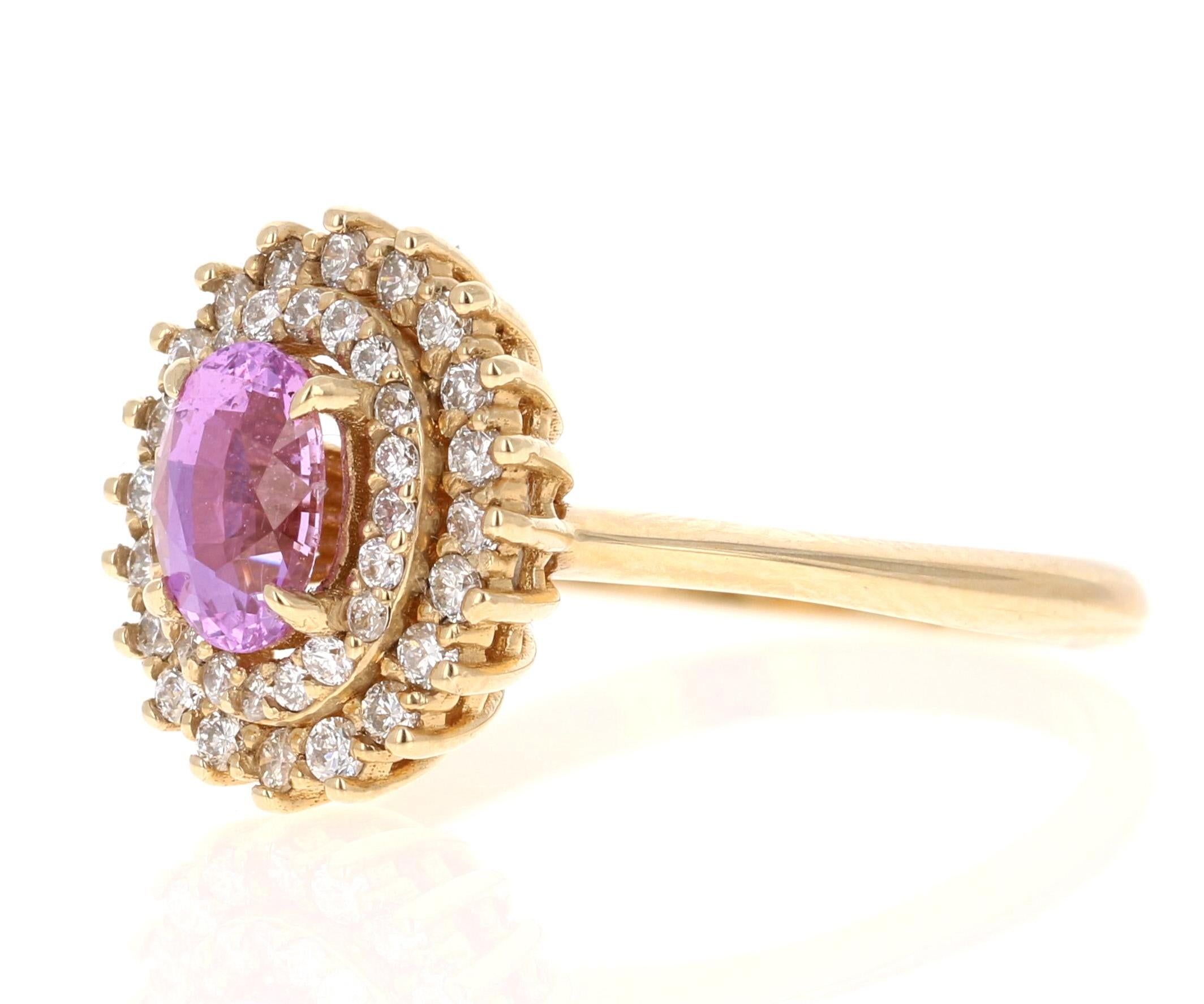 Oval Cut 1.34 Carat Pink Sapphire Diamond 14 Karat Yellow Gold Engagement Ring For Sale