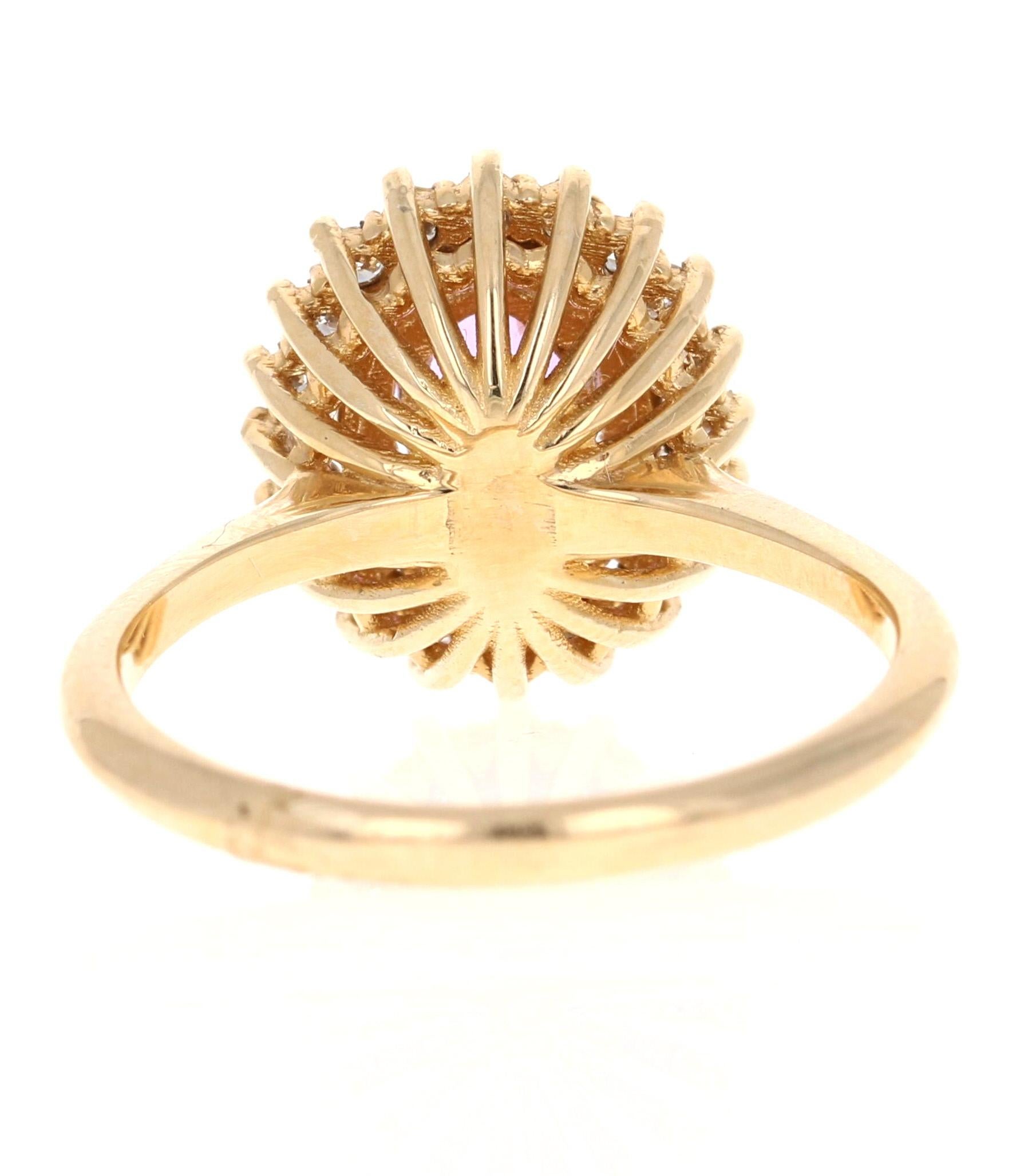 1.34 Carat Pink Sapphire Diamond 14 Karat Yellow Gold Engagement Ring For Sale 2
