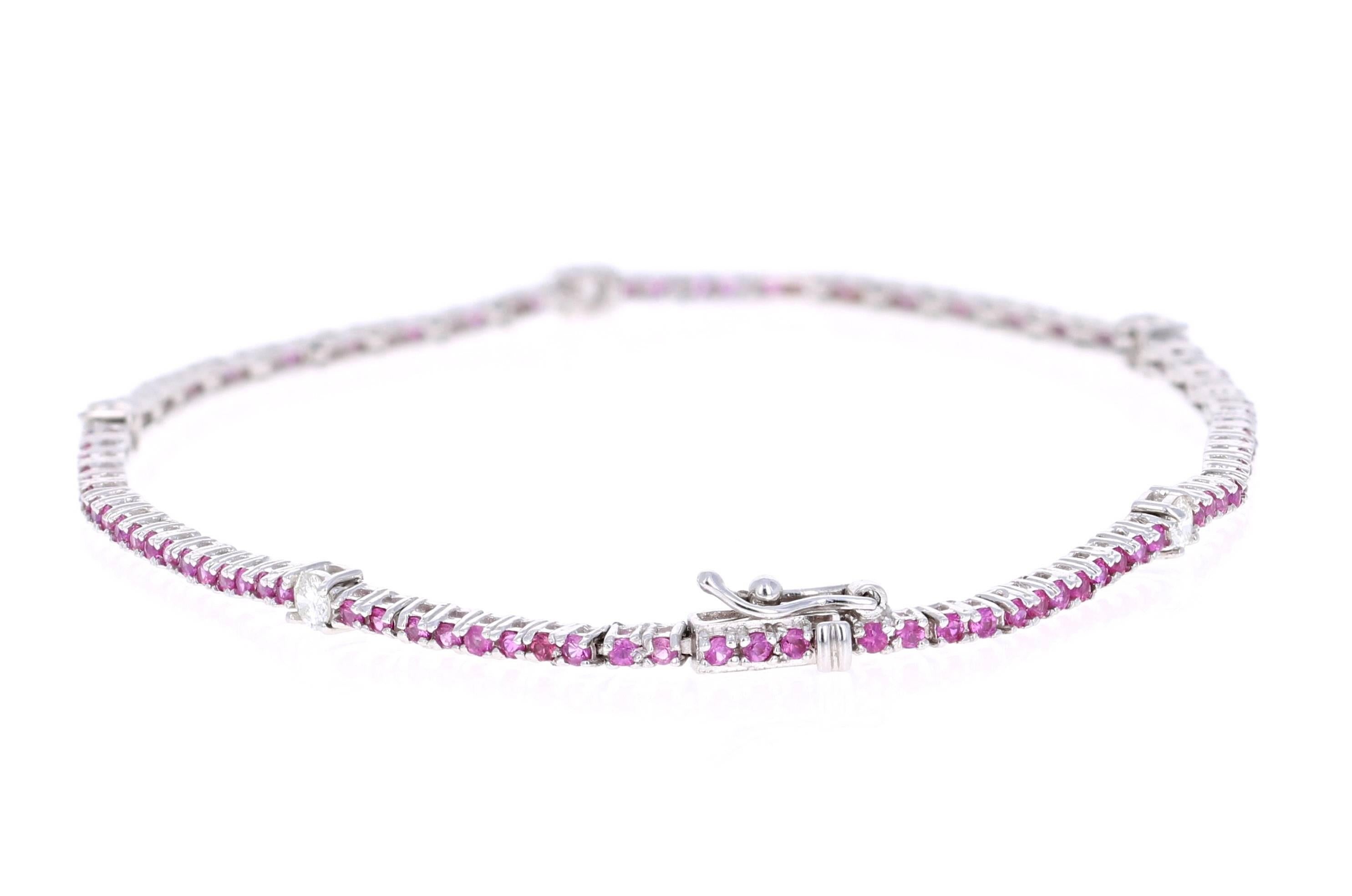 Dainty, Delicate, and Beautiful. 
A 14K White Gold Pink Sapphire and Diamond Bracelet. 

The 98 Round Cut Pink Sapphires are 1.02 carats and the 5 Round Cut Diamonds are 0.32 carats, with a total carat weight of 1.34 carats. 

It has a gold gram