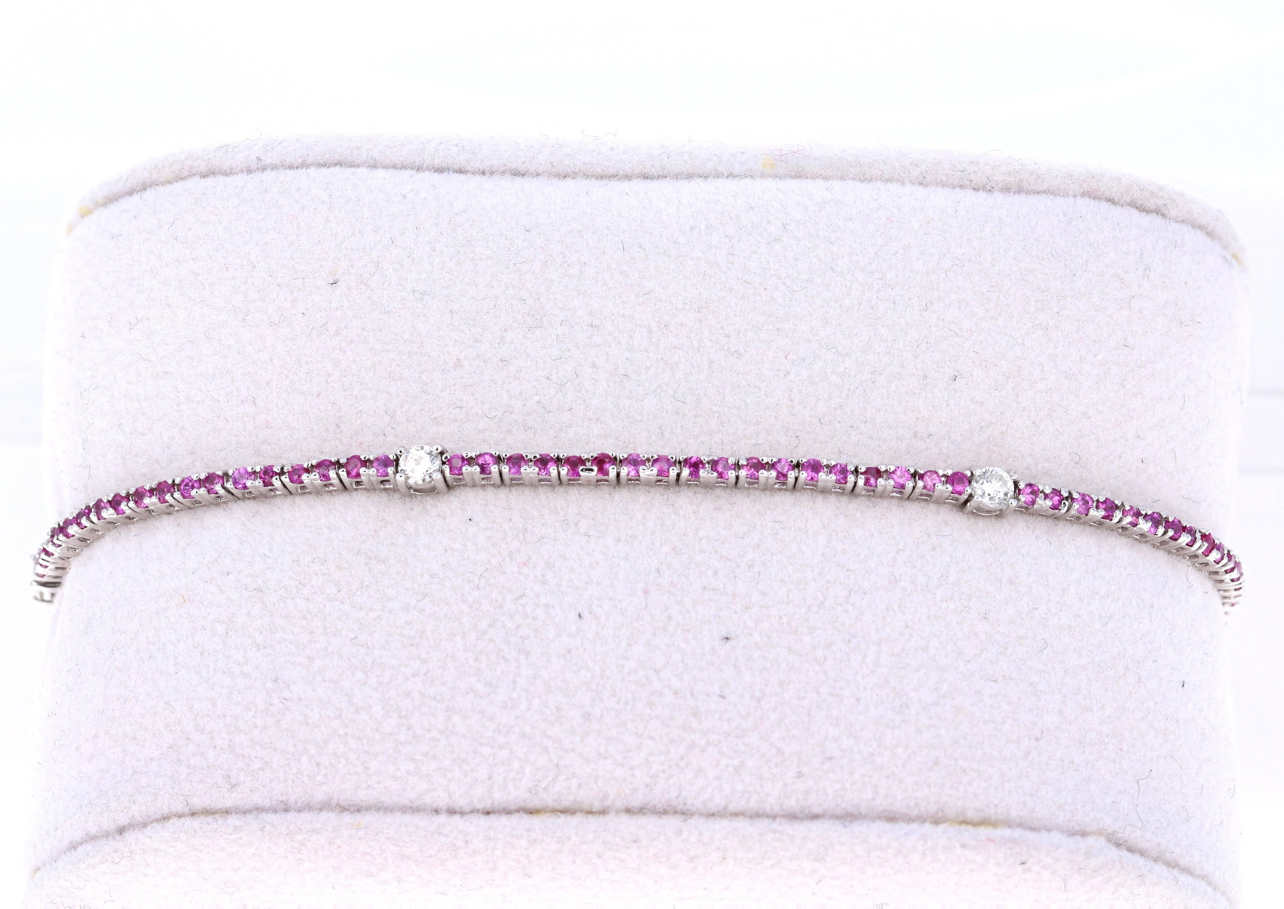 Round Cut 1.34 Carat Pink Sapphire Diamond Bracelet 14 Karat White Gold