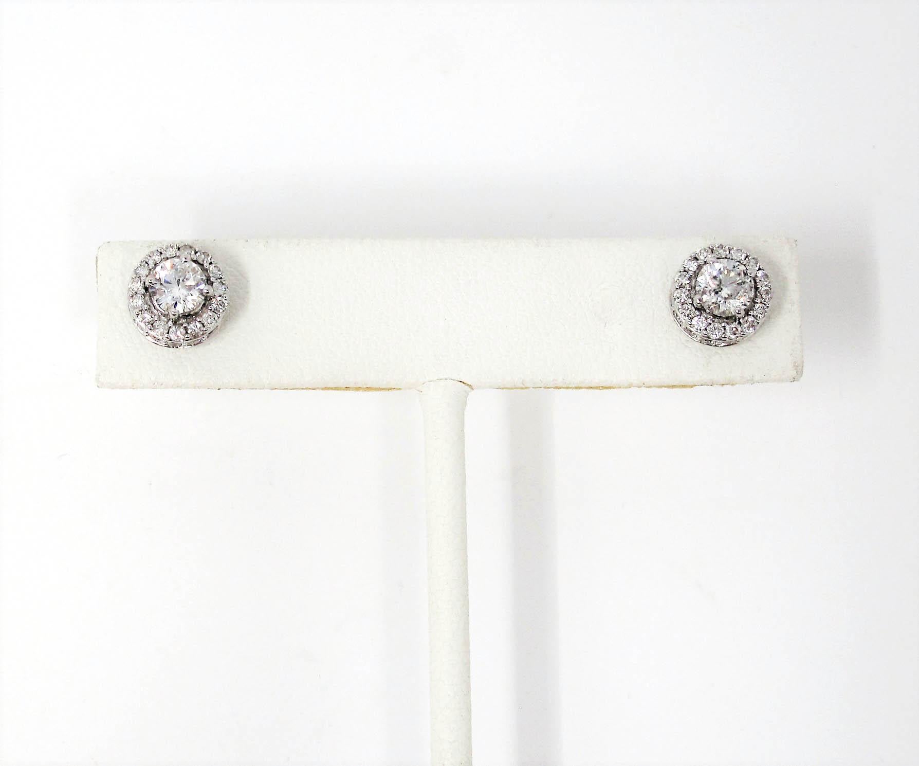 1.34 Carat Round Brilliant Pave Diamond Halo Stud Earrings 14 Karat White Gold For Sale 4