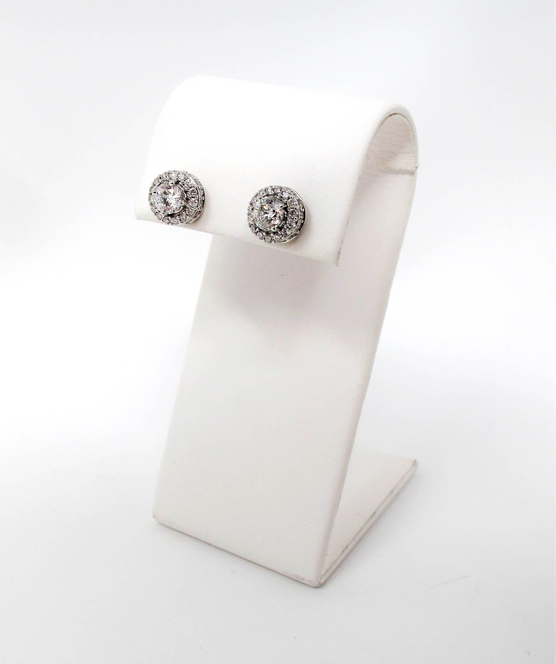 1.34 Carat Round Brilliant Pave Diamond Halo Stud Earrings 14 Karat White Gold For Sale 5