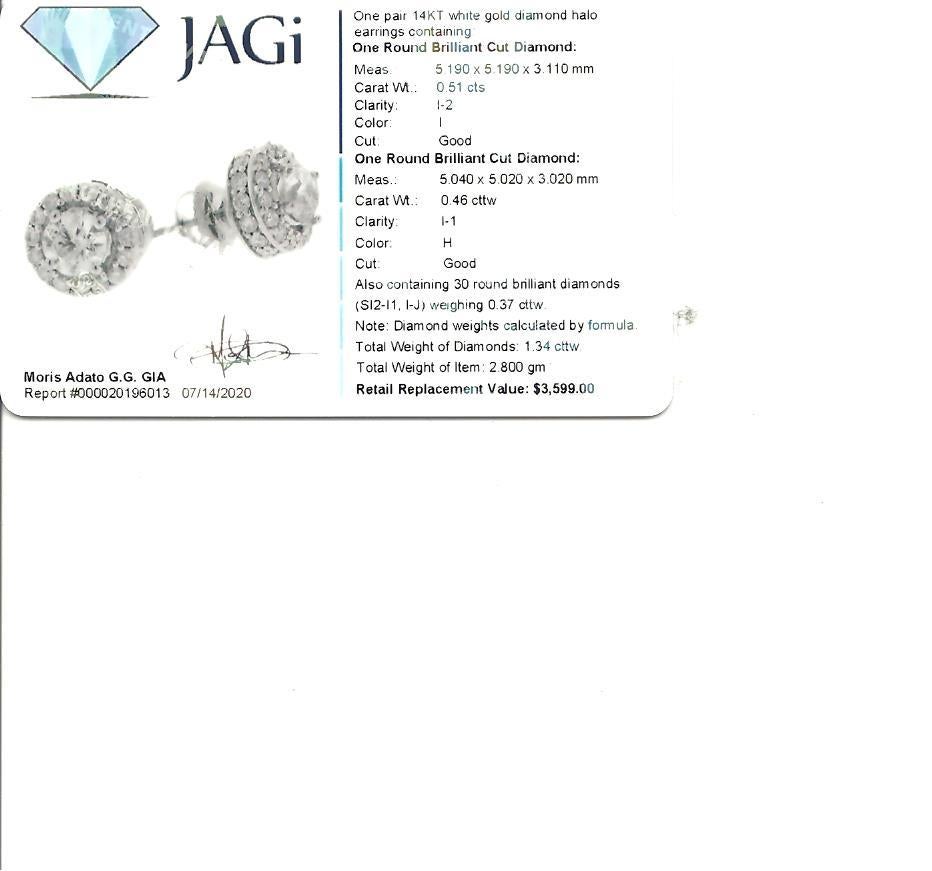 1.34 Carat Round Brilliant Pave Diamond Halo Stud Earrings 14 Karat White Gold For Sale 6