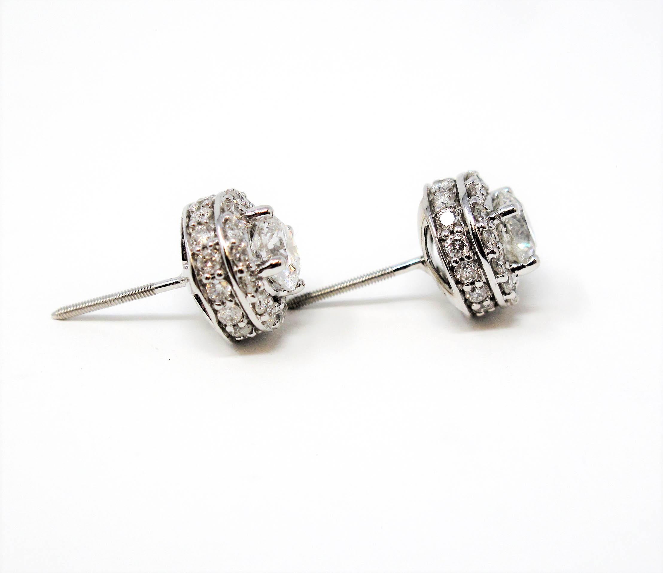 Round Cut 1.34 Carat Round Brilliant Pave Diamond Halo Stud Earrings 14 Karat White Gold For Sale