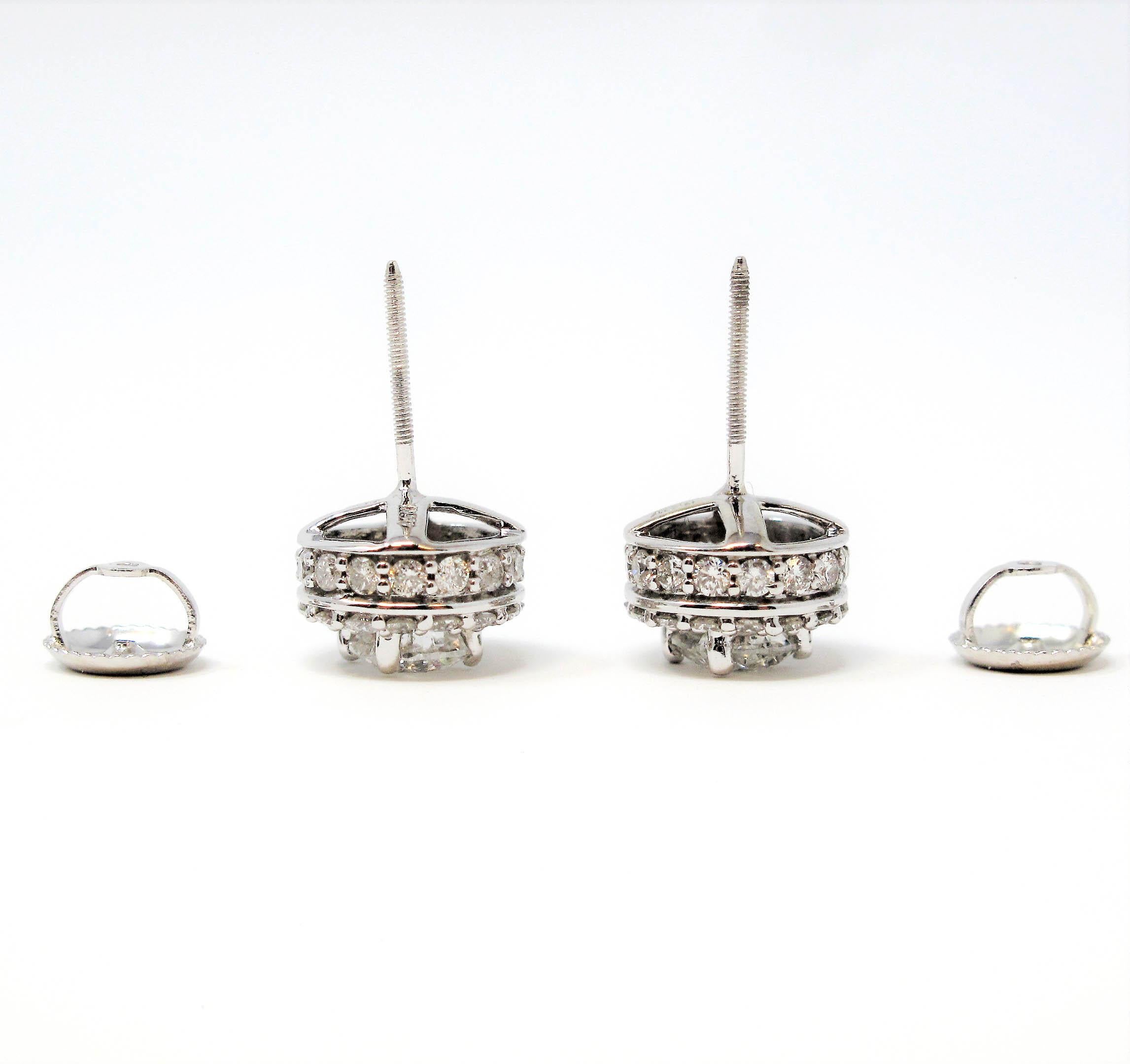 Women's 1.34 Carat Round Brilliant Pave Diamond Halo Stud Earrings 14 Karat White Gold For Sale