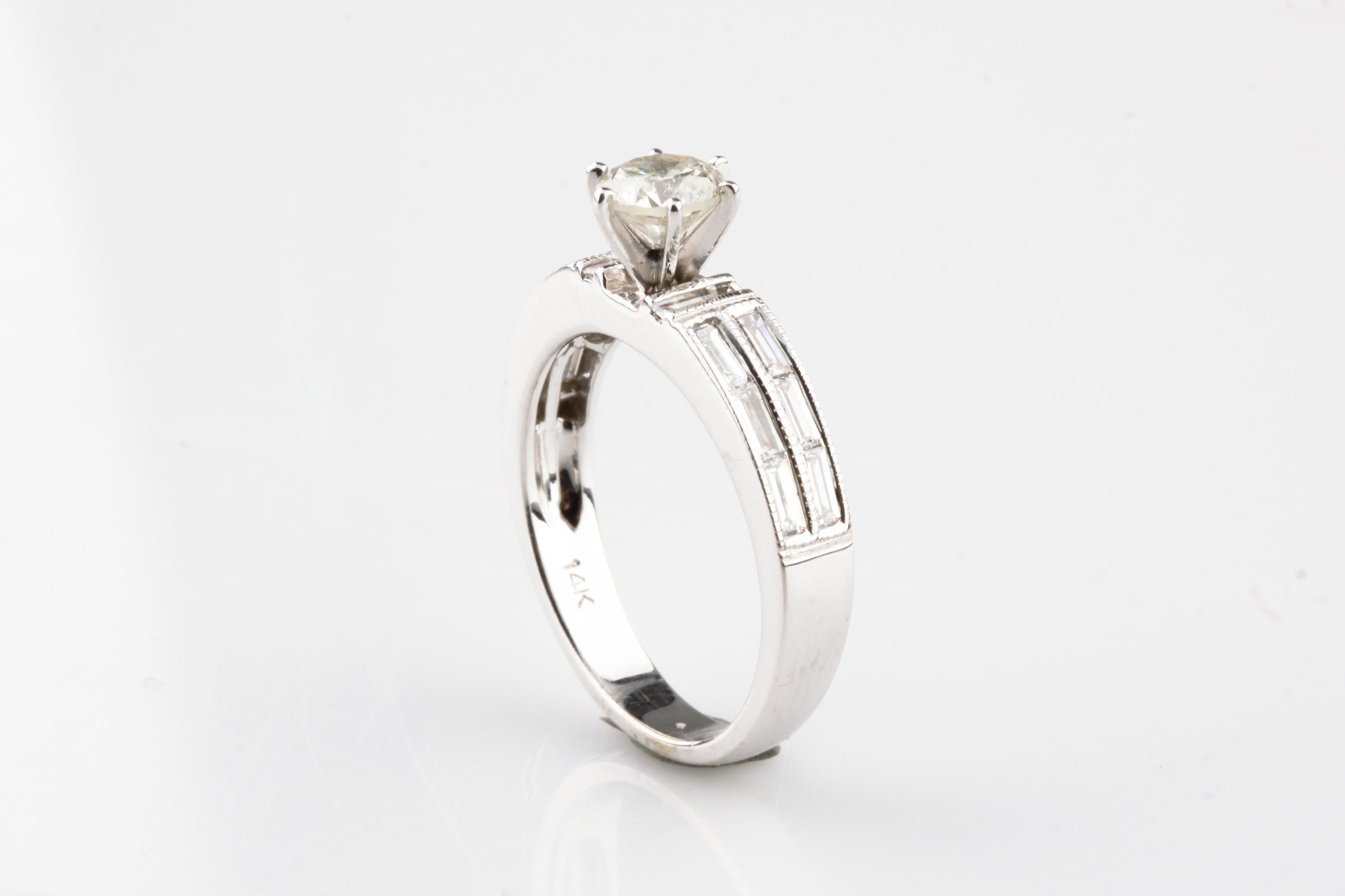 Round Cut 1.34 Carat Round Diamond 14 Karat White Gold Engagement Unity Ring For Sale