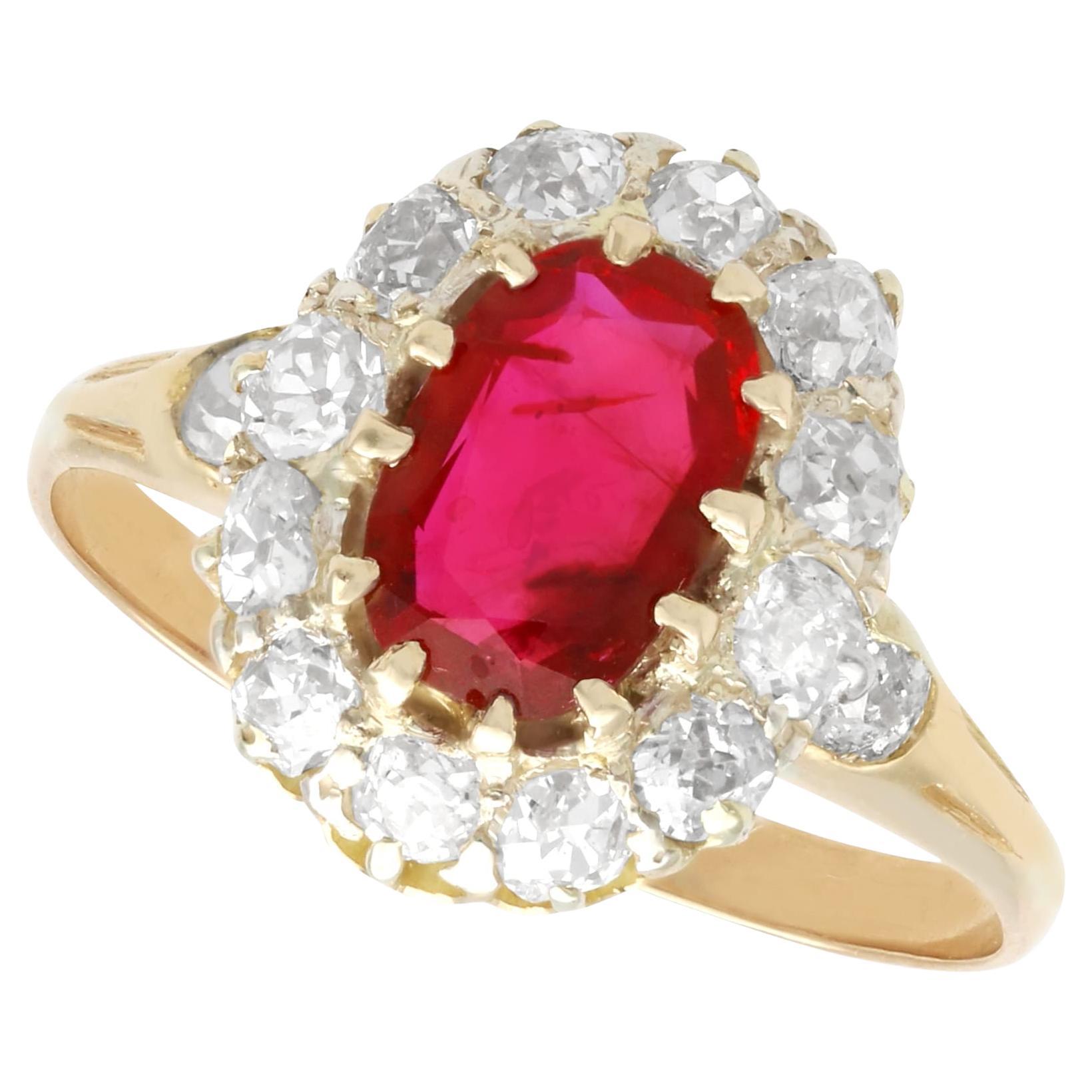 1.34 Carat Ruby and 1.12 Carat Diamond, 18k Yellow Gold Cluster Ring Circa 1935