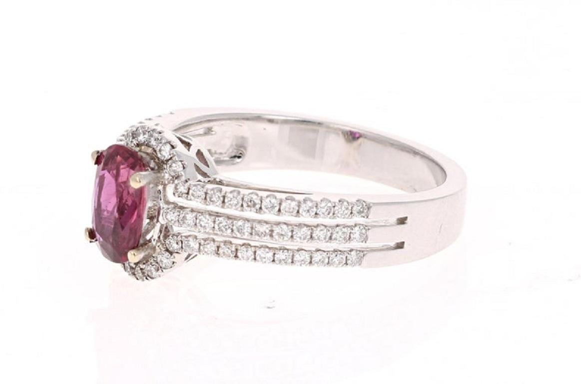 Contemporary 1.34 Carat Ruby and Diamond Ring in 14K White Gold For Sale