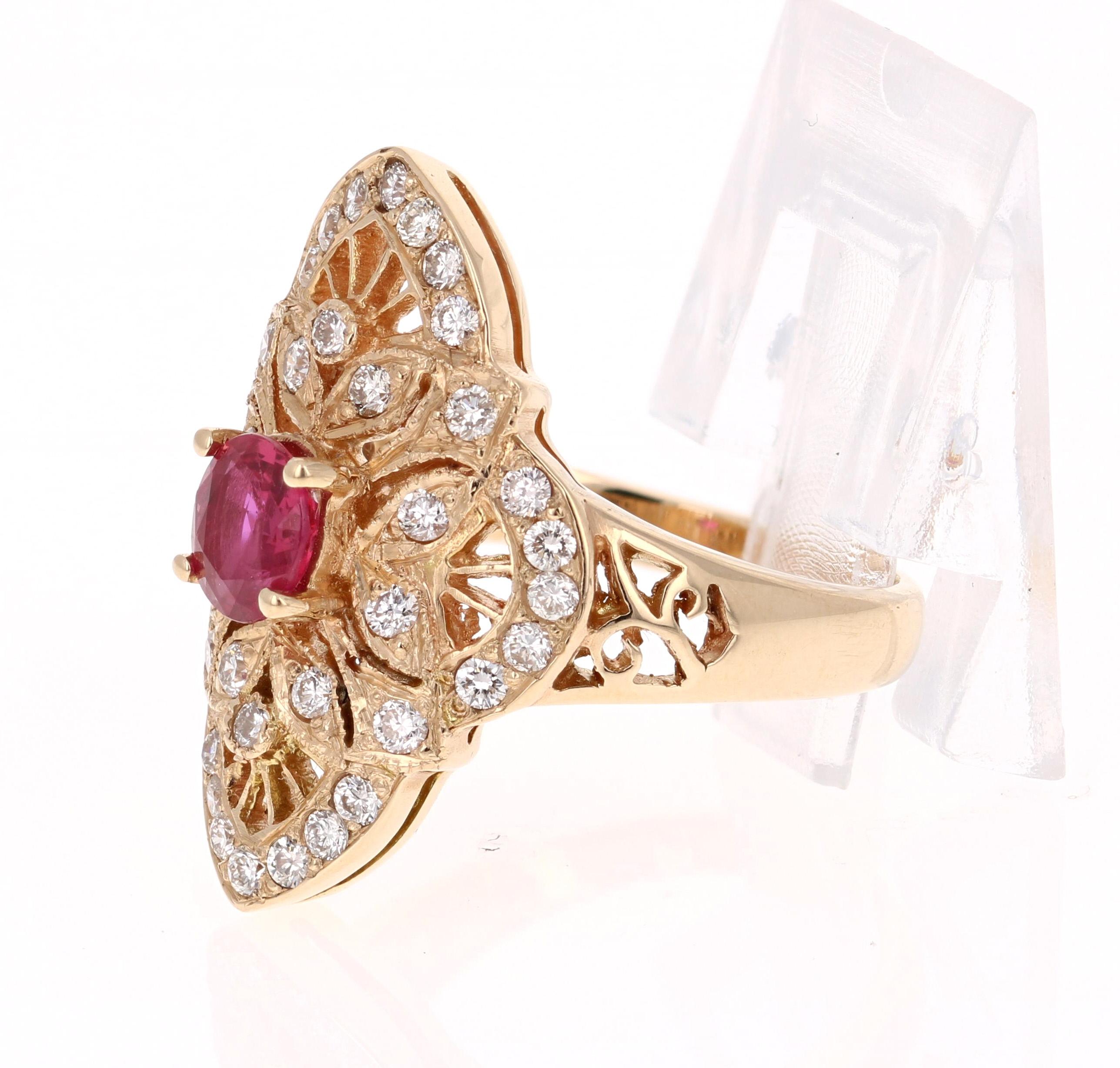 Early Victorian 1.34 Carat Ruby Diamond 14 Karat Yellow Gold Victorian Style Ring For Sale