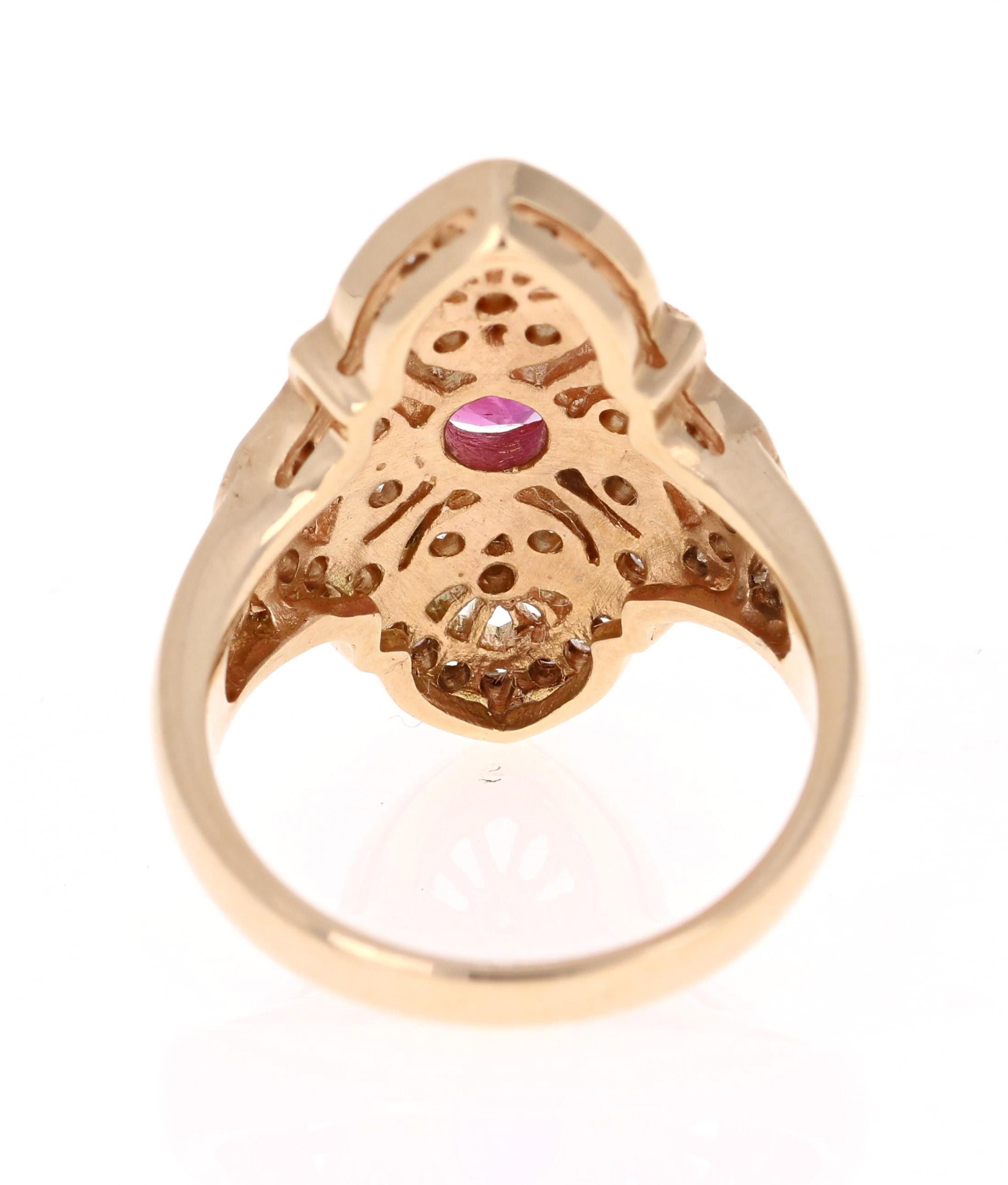 Oval Cut 1.34 Carat Ruby Diamond 14 Karat Yellow Gold Victorian Style Ring For Sale