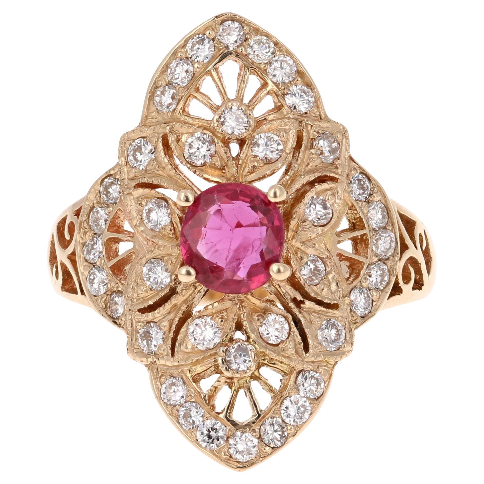 1.34 Carat Ruby Diamond 14 Karat Yellow Gold Victorian Style Ring For Sale