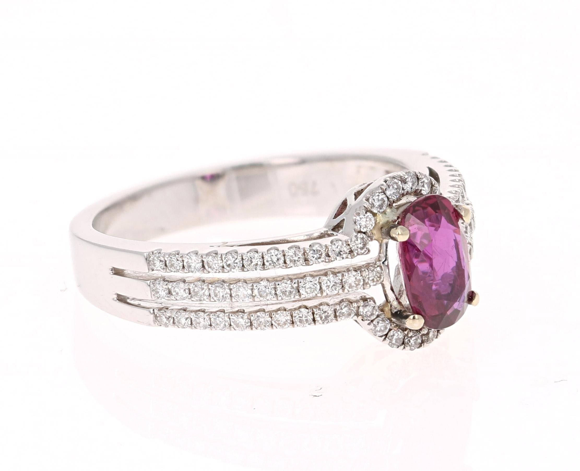 1.34 Carat Ruby and Diamond Ring in 14K White Gold

This ring has a beautiful Oval Cut Ruby that weighs 0.93 carats and is surrounded by 78 Round Cut Diamonds that weigh 0.41 carats. The total carat weight of the ring is 1.34 carats.

The ring is