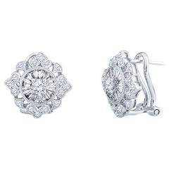 1.34 Carat Total Weight Round & Baguette Diamond Earrings, 18k White Gold