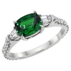 1.34 Carat Tsavorite Garnet Cushion Cut Platinum Ring with Bullet Diamonds