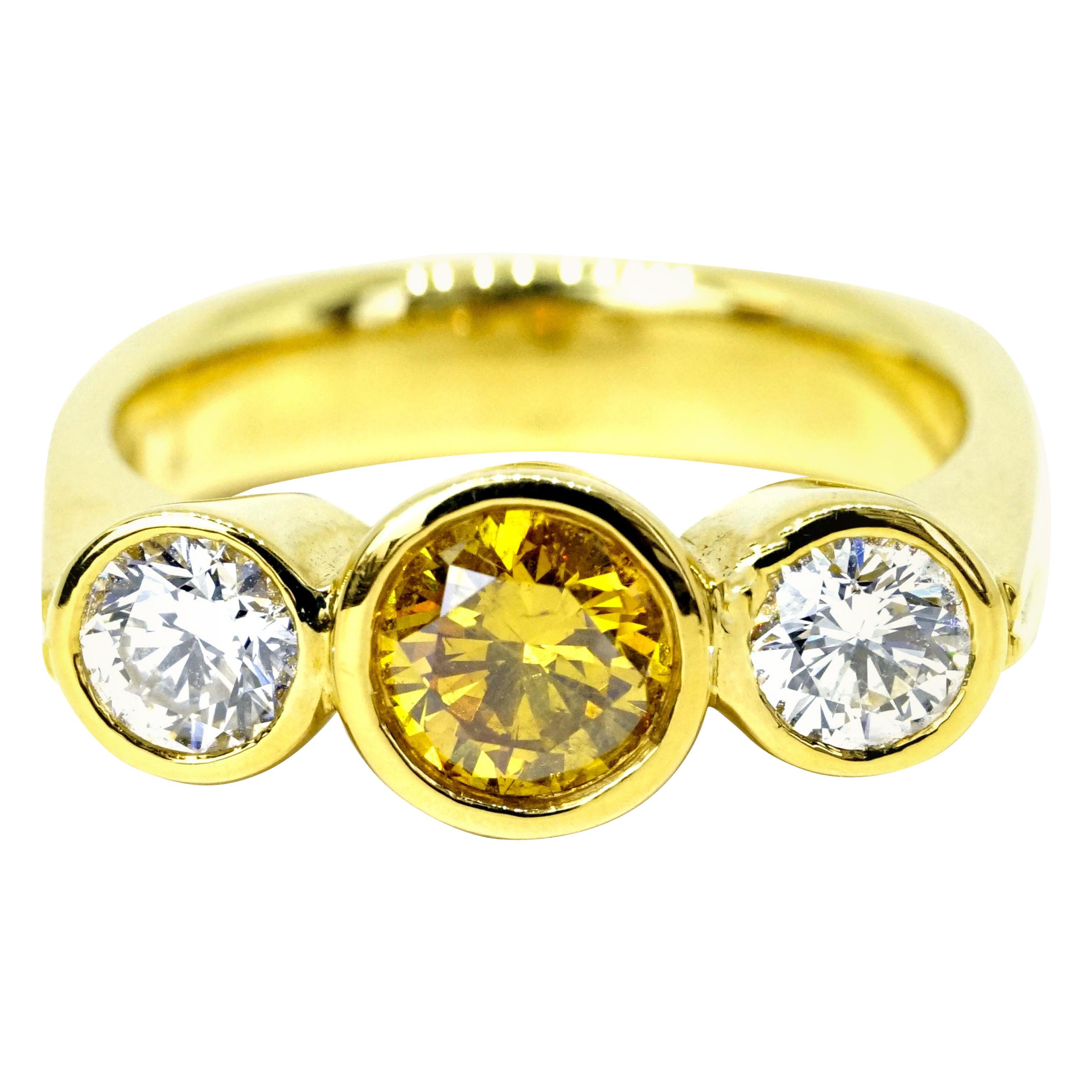 Hofer Certified 1.34 Carats Fancy "Amber Yellow" Three Stone Ring For Sale