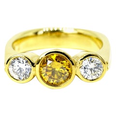 Hofer Certified 1.34 Carats Fancy "Amber Yellow" Three Stone Ring