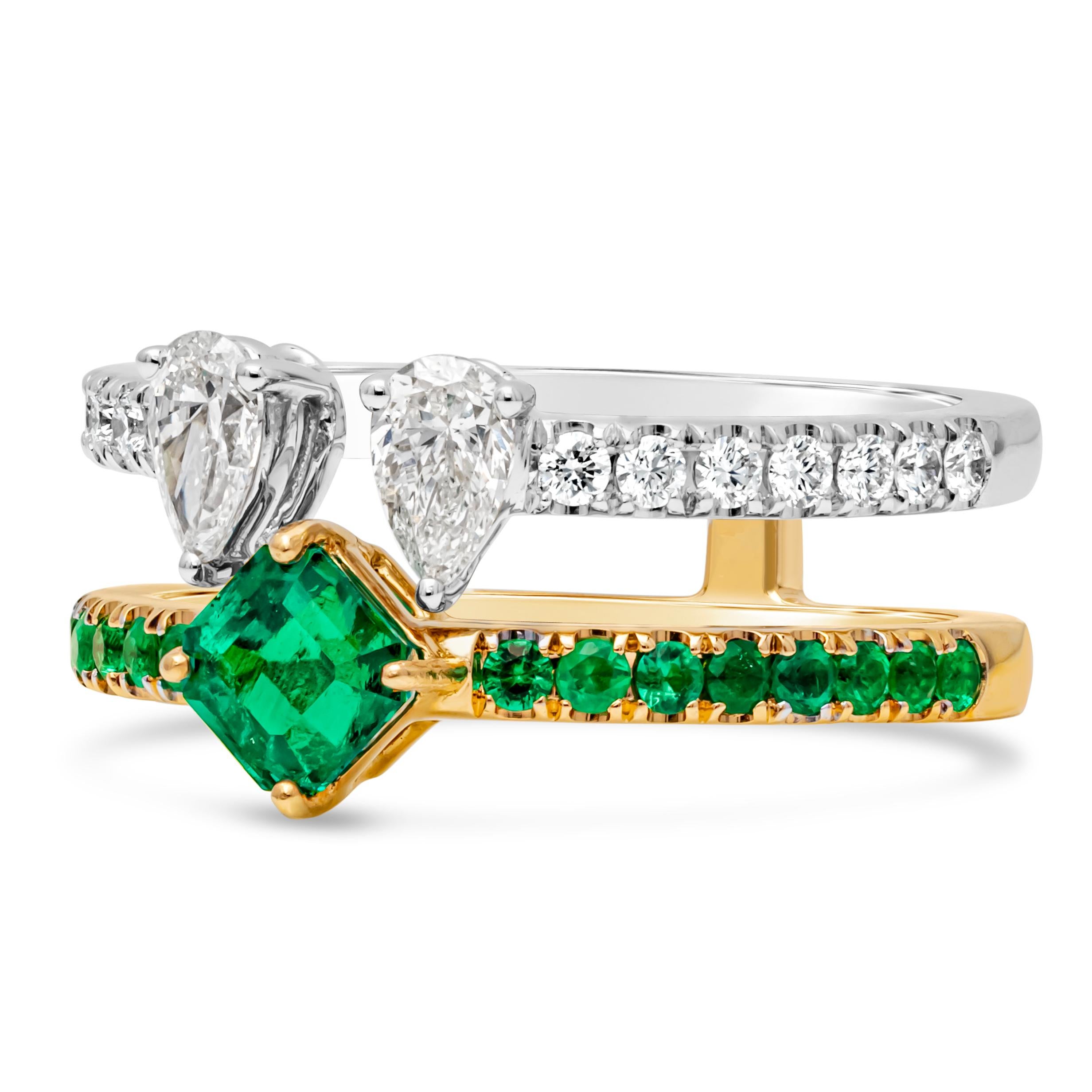 This exquisite double band fashion ring features a stunning combination of elegance and vibrancy. One band showcases octagon cut green emerald center stone, accented with pave round melee green emerald, set in a 18K Yellow Gold. While the other