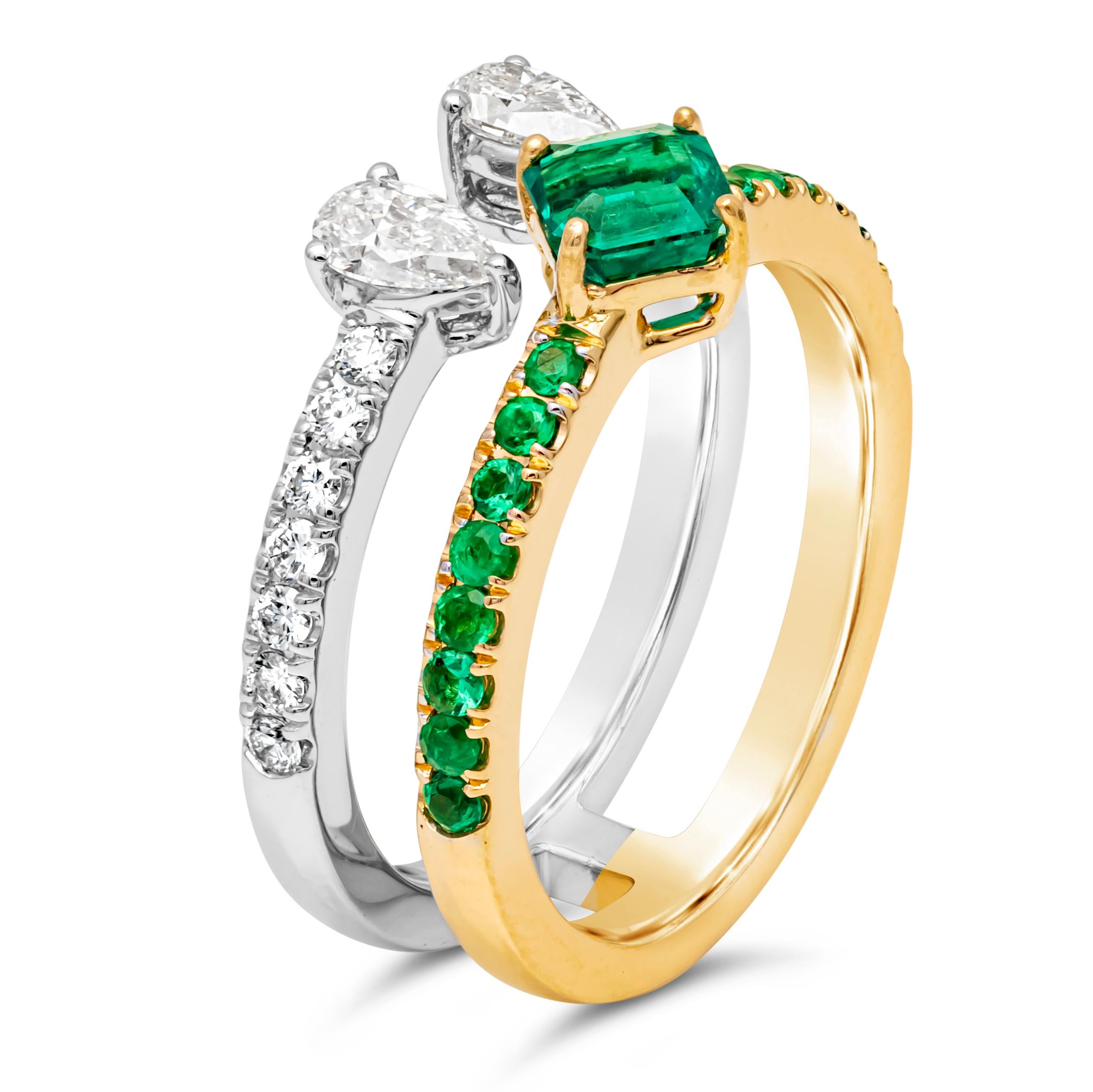 Contemporary 1.34 Carats Total Mixed Cut Green Emerald and Diamond Double Band Fashion Ring For Sale