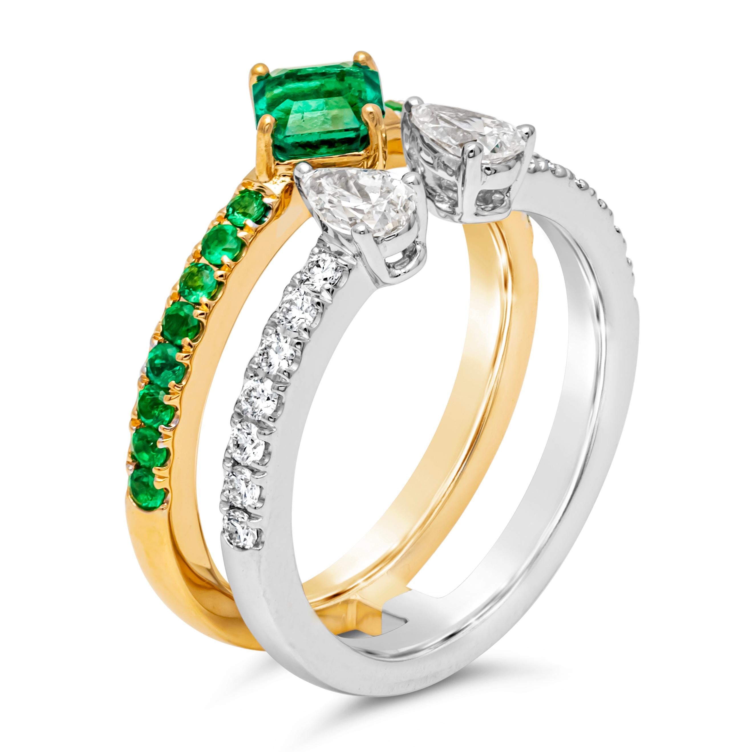 1,34 Karat Gesamt Mixed Cut Grüner Smaragd und Diamant Doppelband Mode-Ring (Gemischter Schliff) im Angebot
