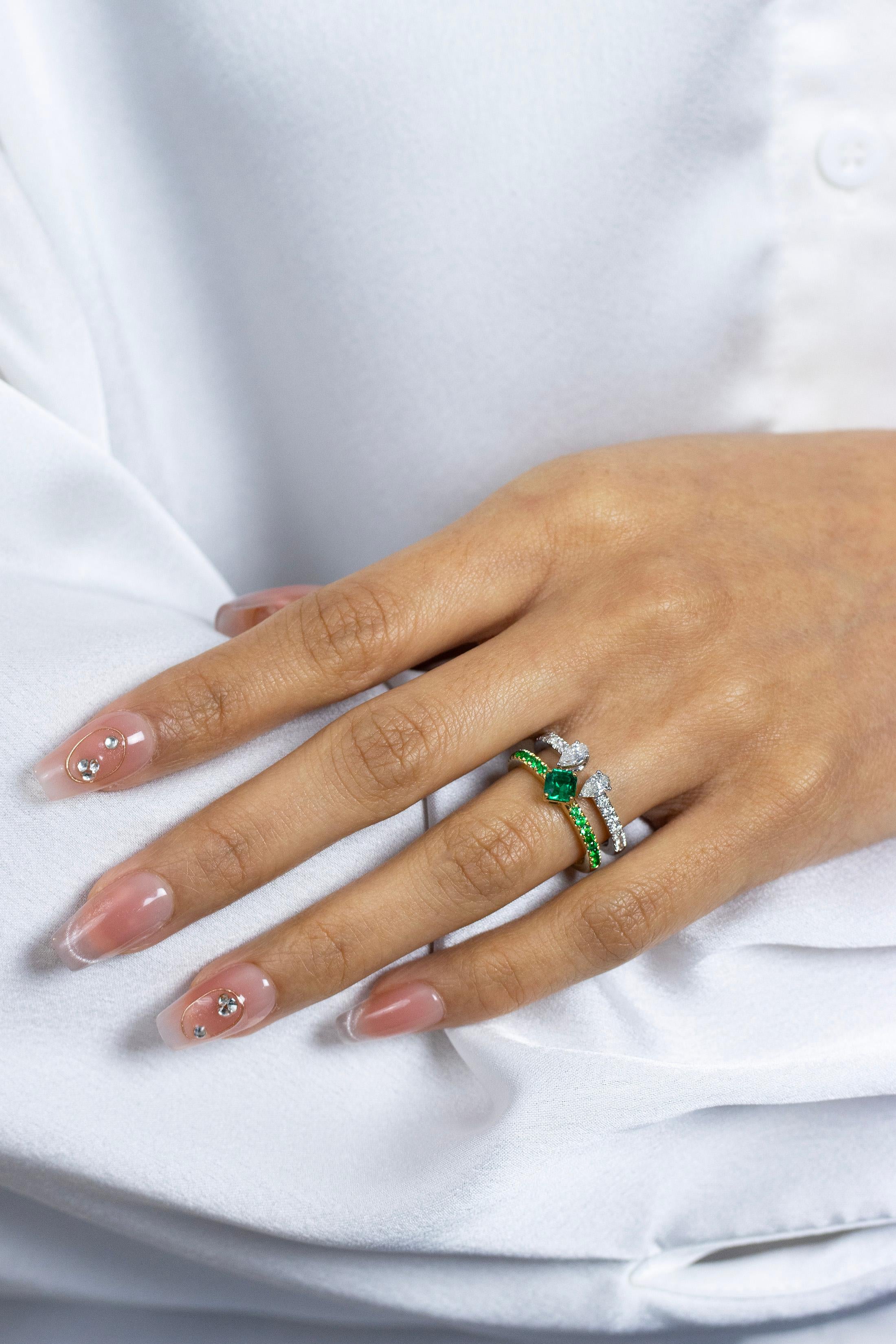 1,34 Karat Gesamt Mixed Cut Grüner Smaragd und Diamant Doppelband Mode-Ring Damen im Angebot