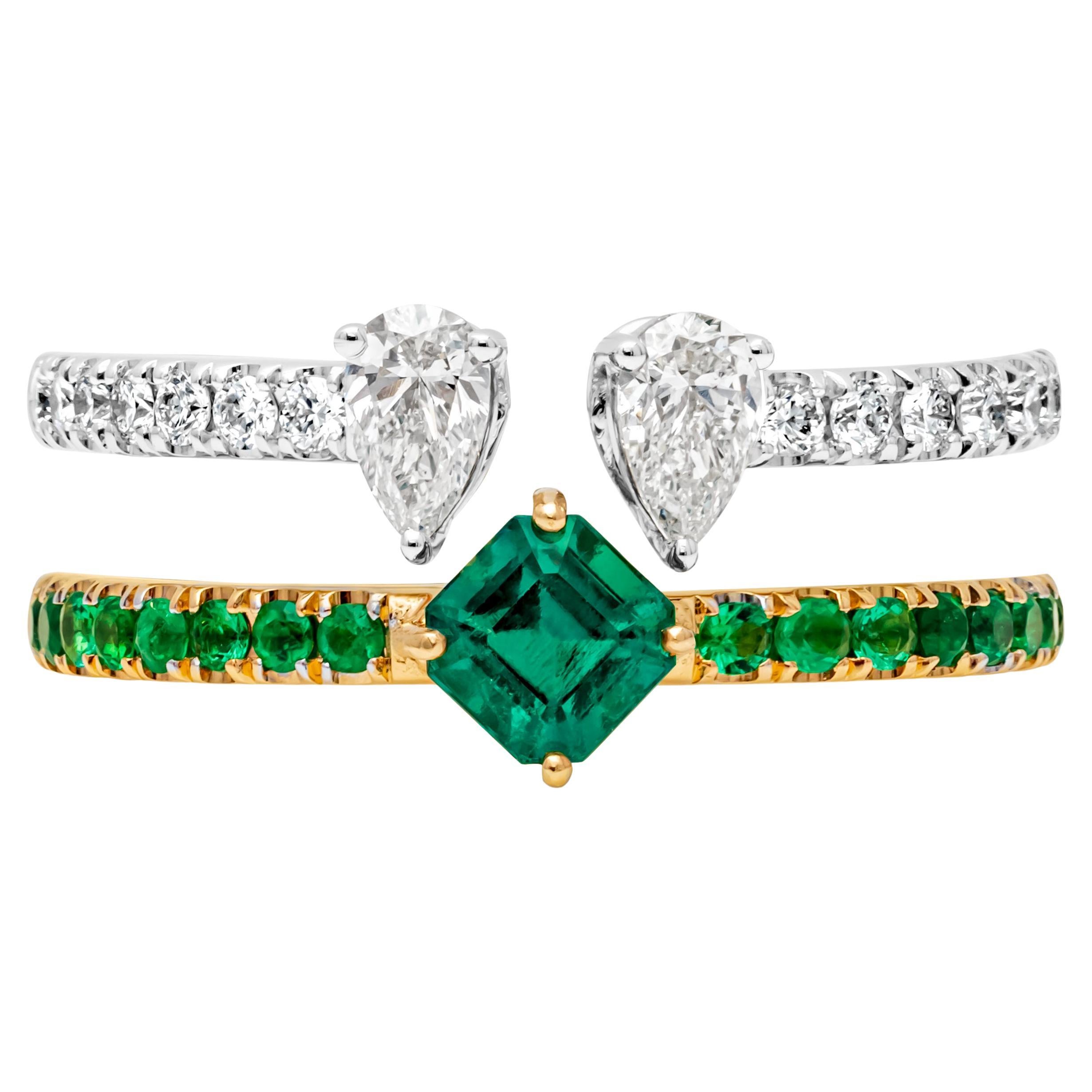 Bague à la mode à double anneau avec émeraude verte et diamants de taille mixte de 1,34 carat au total