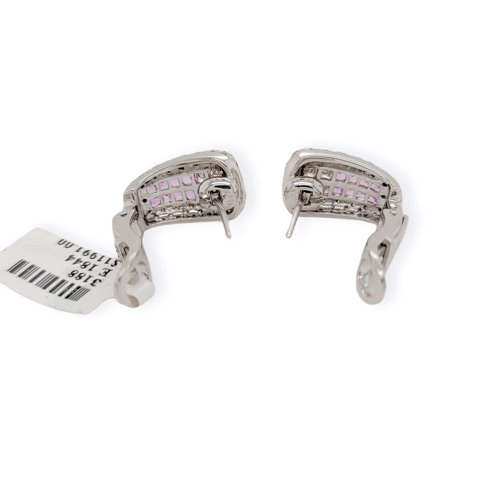 Round Cut 1.34 CT Natural Pink Sapphire & 1.33 CT Diamonds in 18K Gold Omega Back Earrings For Sale