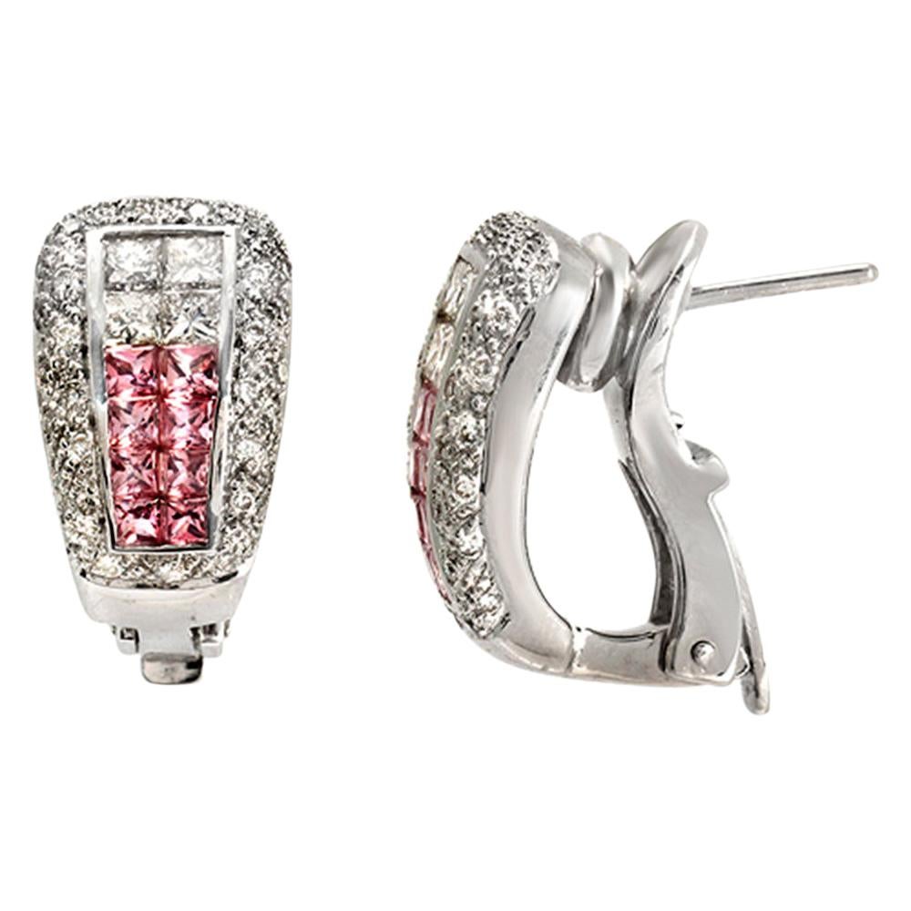 1.34 CT Natural Pink Sapphire & 1.33 CT Diamonds in 18K Gold Omega Back Earrings For Sale